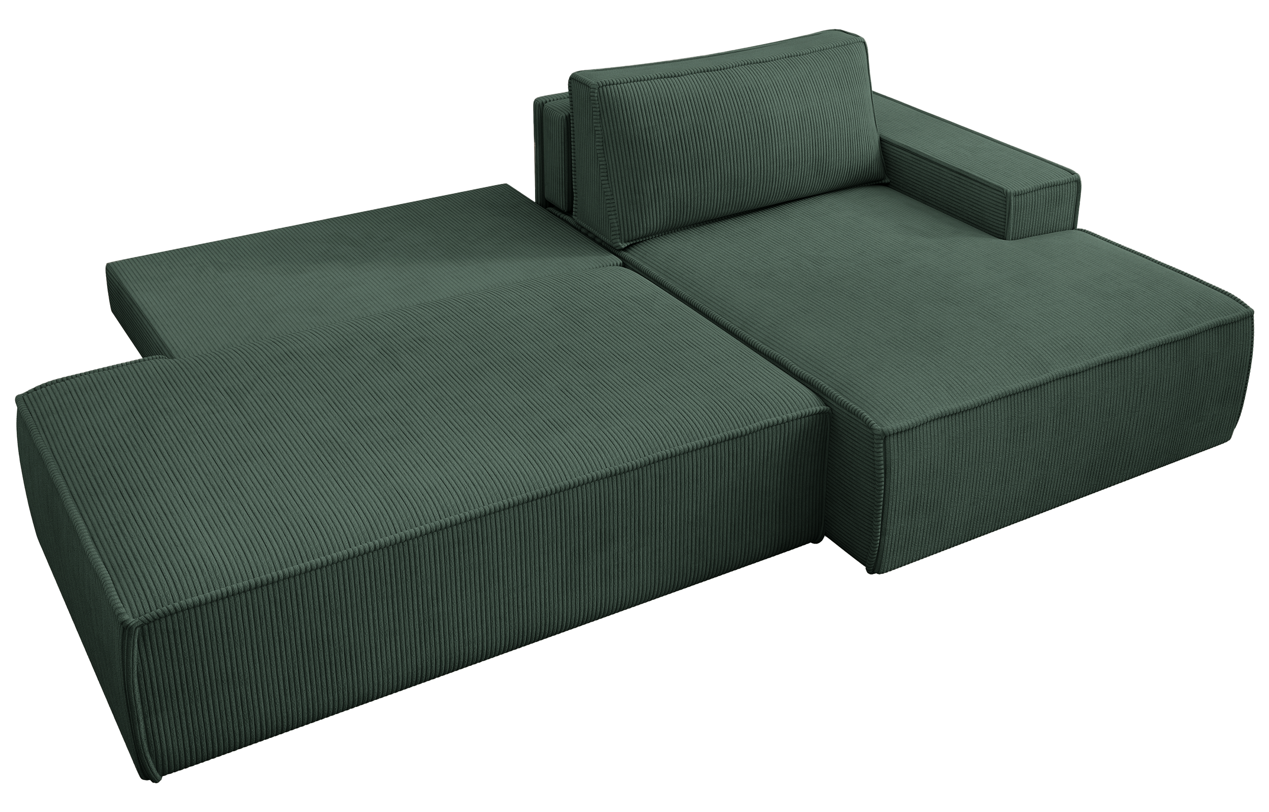 Ecksofa mit Schlaffunktion Felicjo, L-förmig, rechtsseitig, mit Stauraum, dunkelgrüner Cordstoff