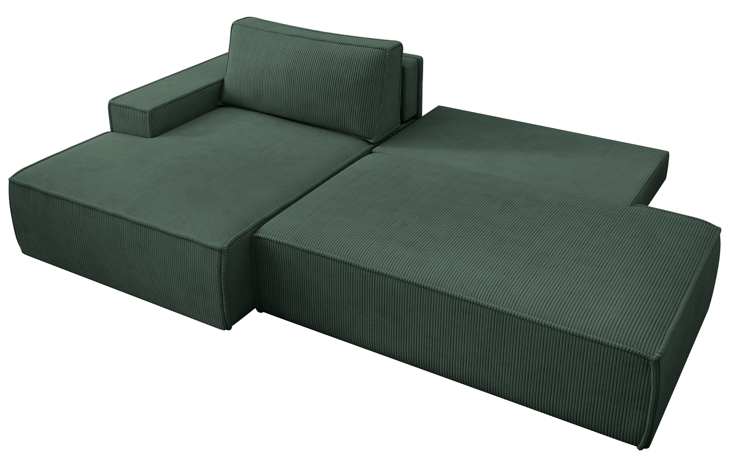 Ecksofa mit Schlaffunktion Felicjo, L-förmig, linksseitig, mit Stauraum, dunkelgrüner Cordstoff