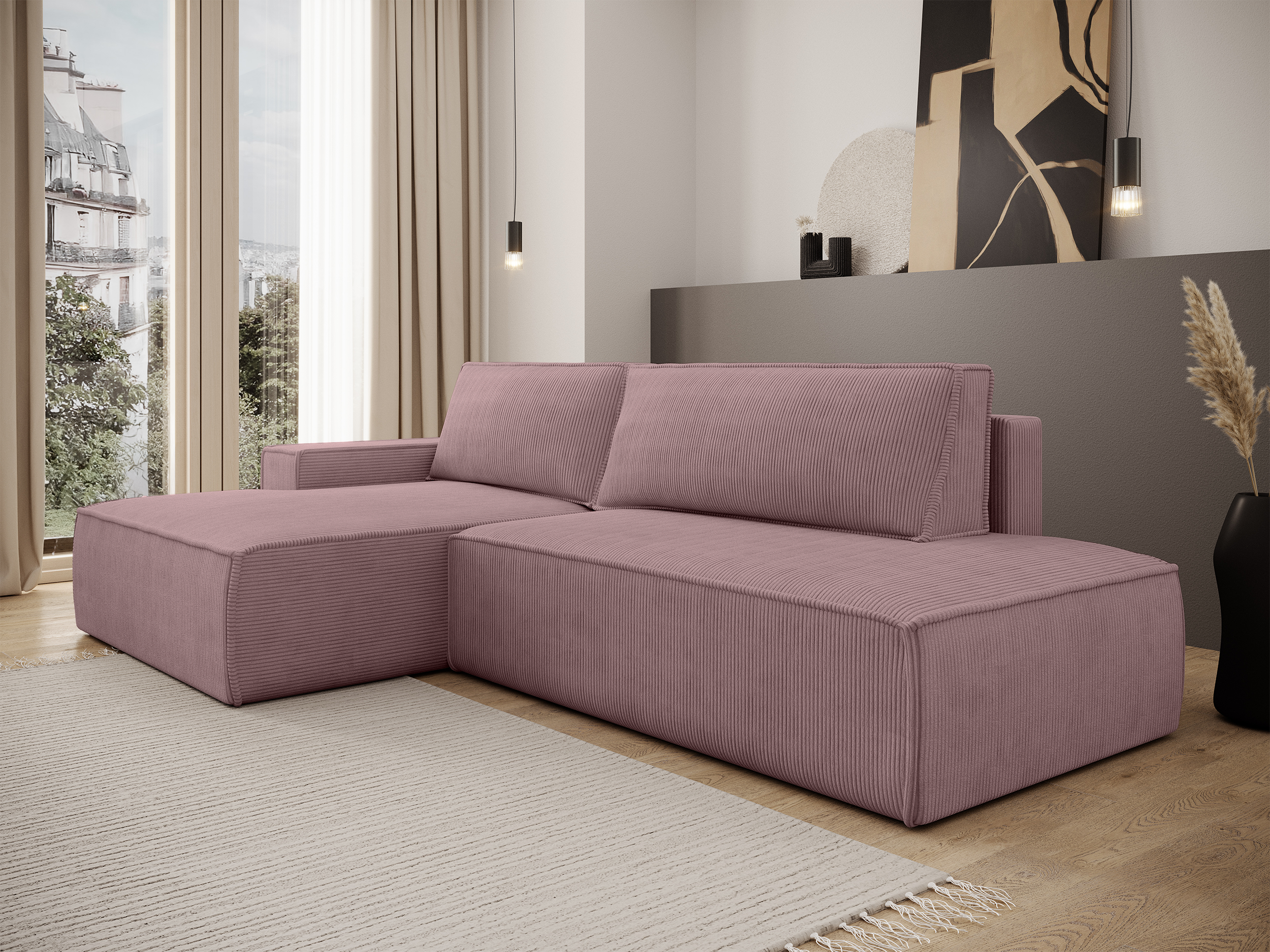 Ecksofa mit Schlafunktion Felicjo, L-förmig, linksseitig, mit Stauraum, fliederfarbener Cordstoff