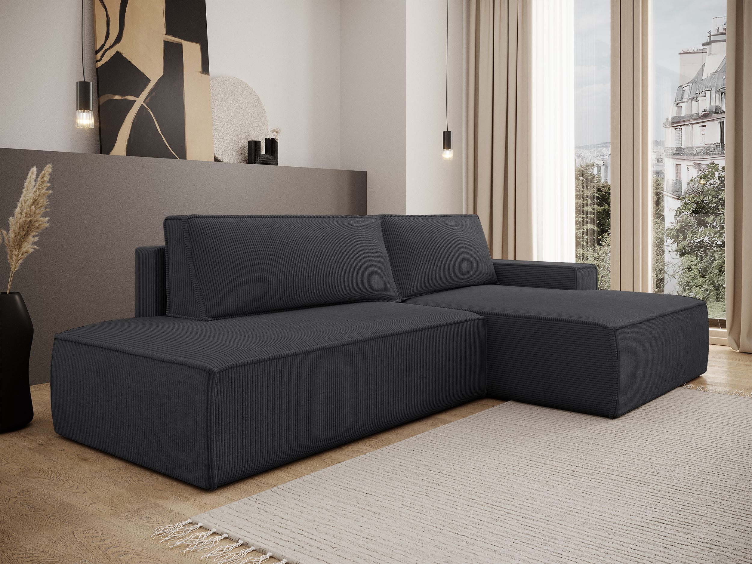 Ecksofa mit Schlaffunktion Felicjo, L-förmig, rechtsseitig, mit Stauraum, dunkelgrauer Cordstoff