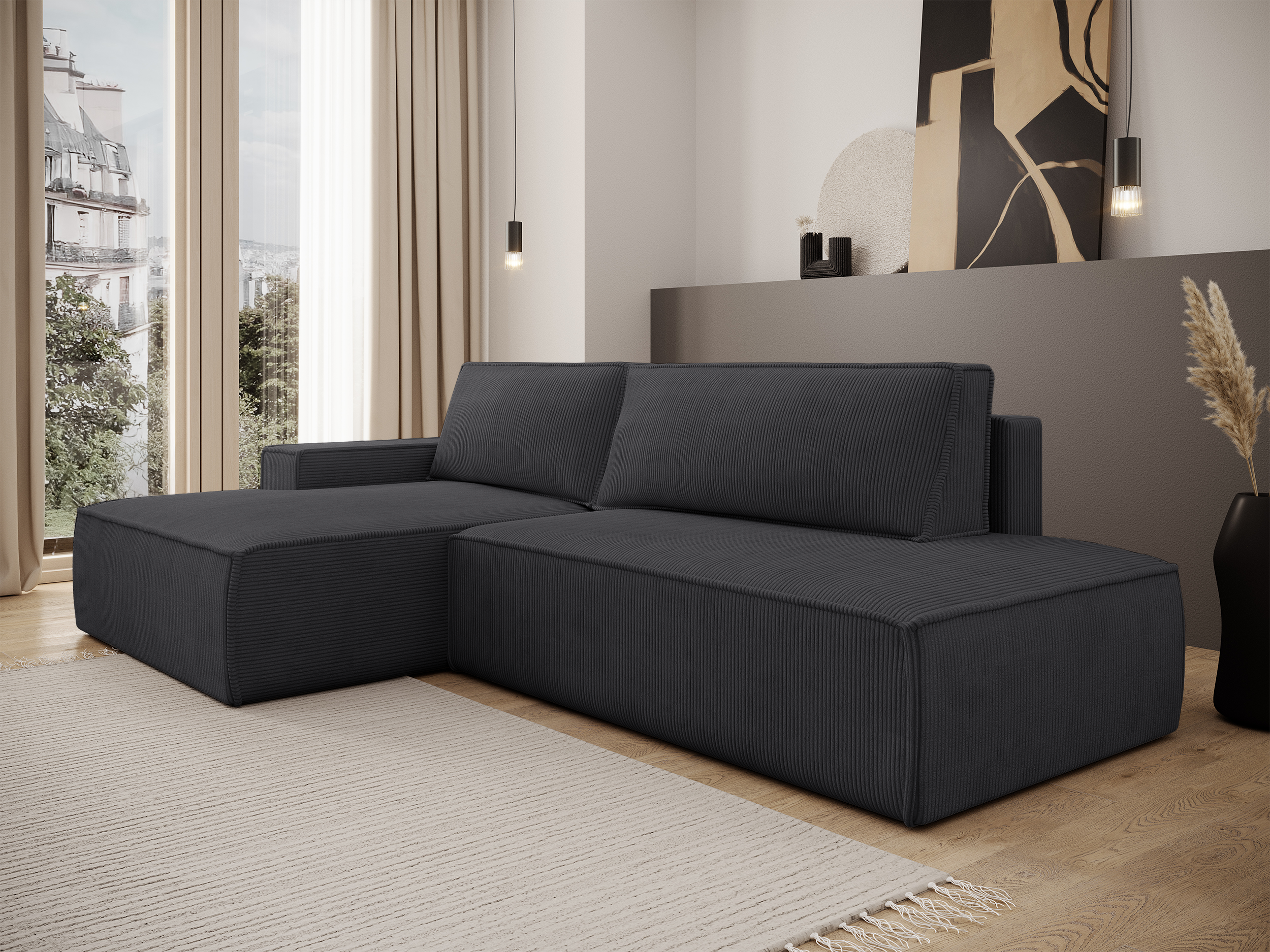 Ecksofa mit Schlaffunktion Felicjo, L-Form, linksseitig, mit Stauraum, dunkelgrauer Cordstoff