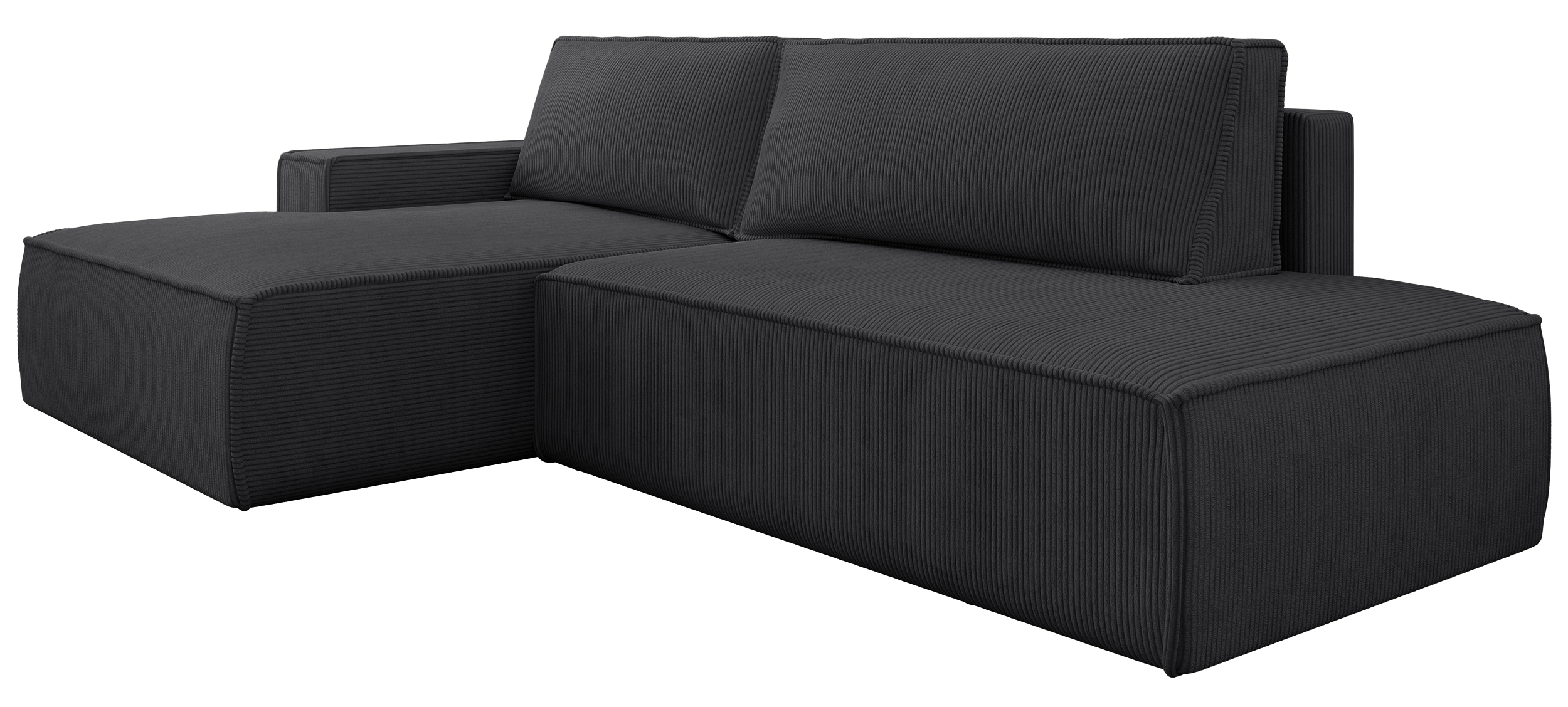 Ecksofa mit Schlaffunktion Felicjo, L-Form, linksseitig, mit Stauraum, dunkelgrauer Cordstoff