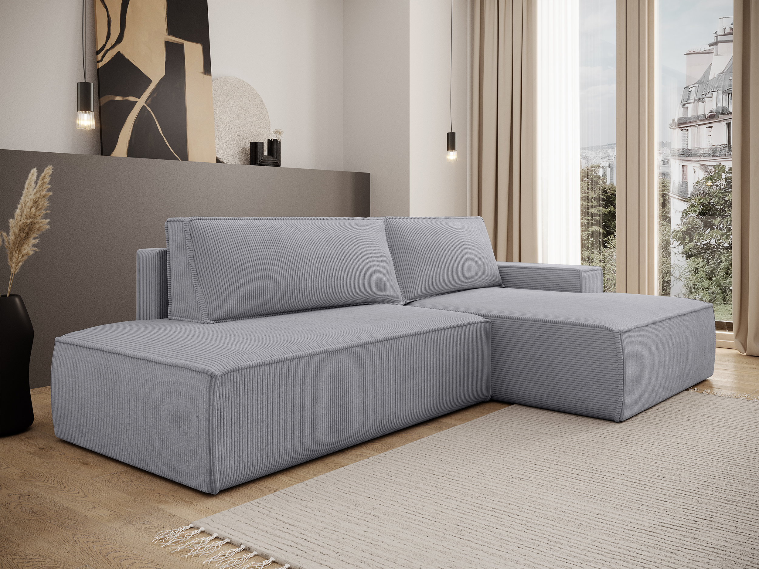 Ecksofa mit Schlafunktion Felicjo, L-förmig, rechtsseitig, mit Stauraum, hellgrauer Cordstoff