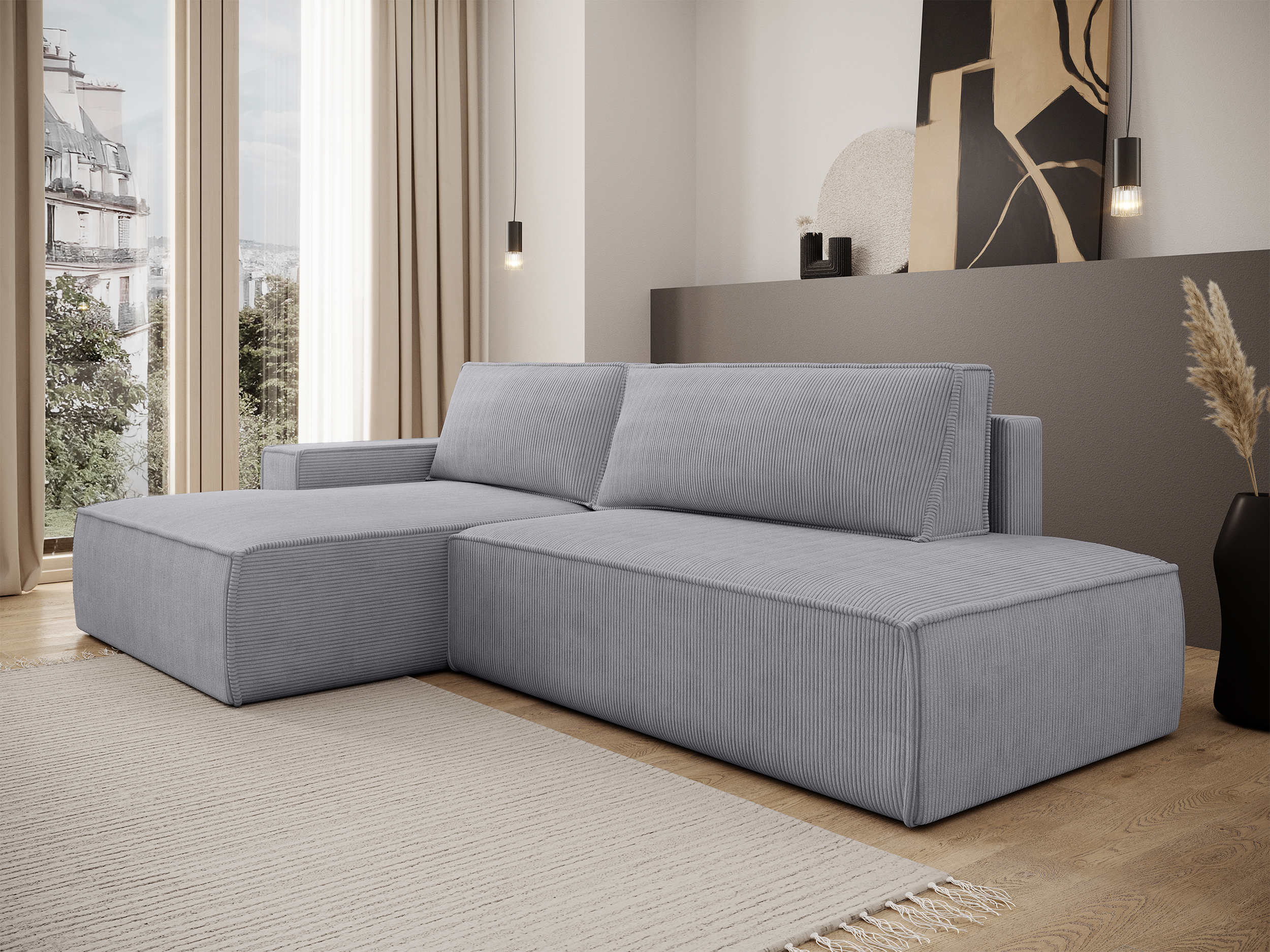 Ecksofa mit Schlaffunktion Felicjo, L-förmig, linksseitig, mit Stauraum, hellgrauer Cordstoff