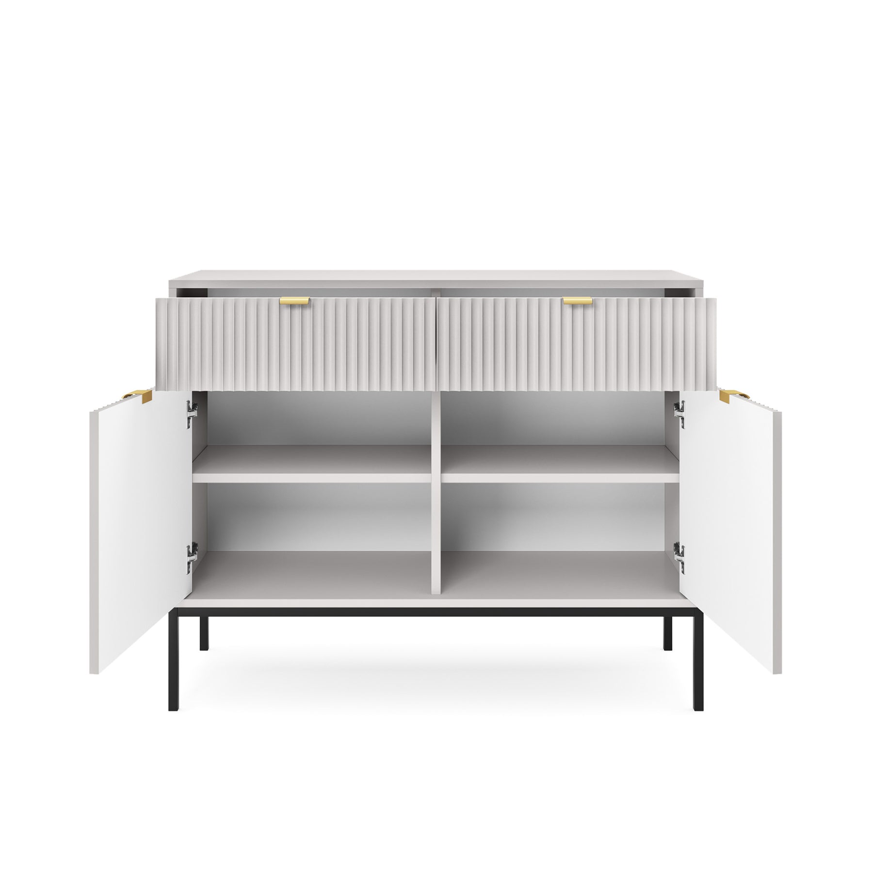 Zweiturige Kommode Vellore 104 cm grau mit geriffelten Fronten und goldenen Griffen