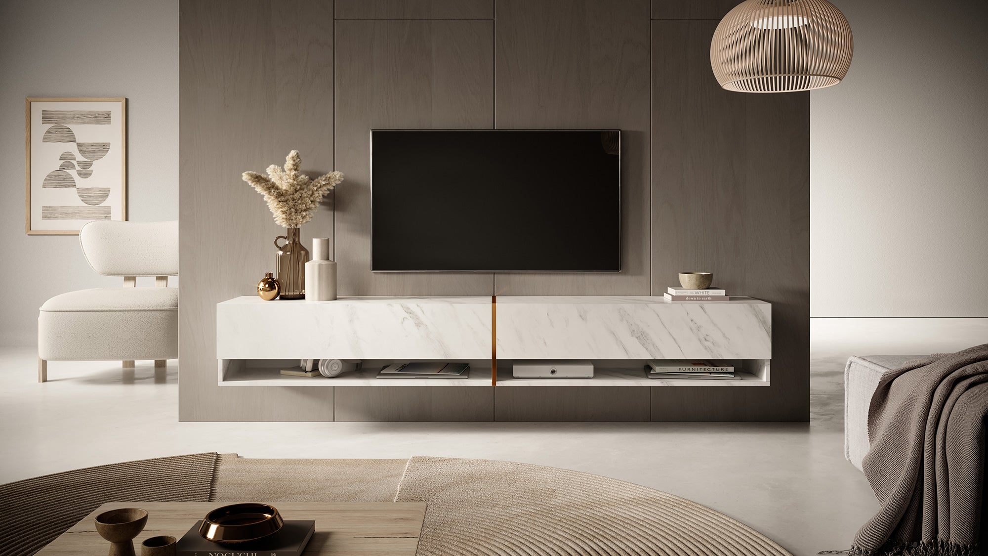 TV-Schrank Mirrgo 200 cm weißer Marmor mit goldener Einlage