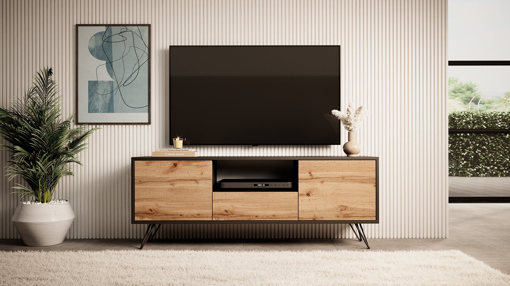 TV-Schrank Ploystea 137 cm Schwarz / Wotan-Eiche