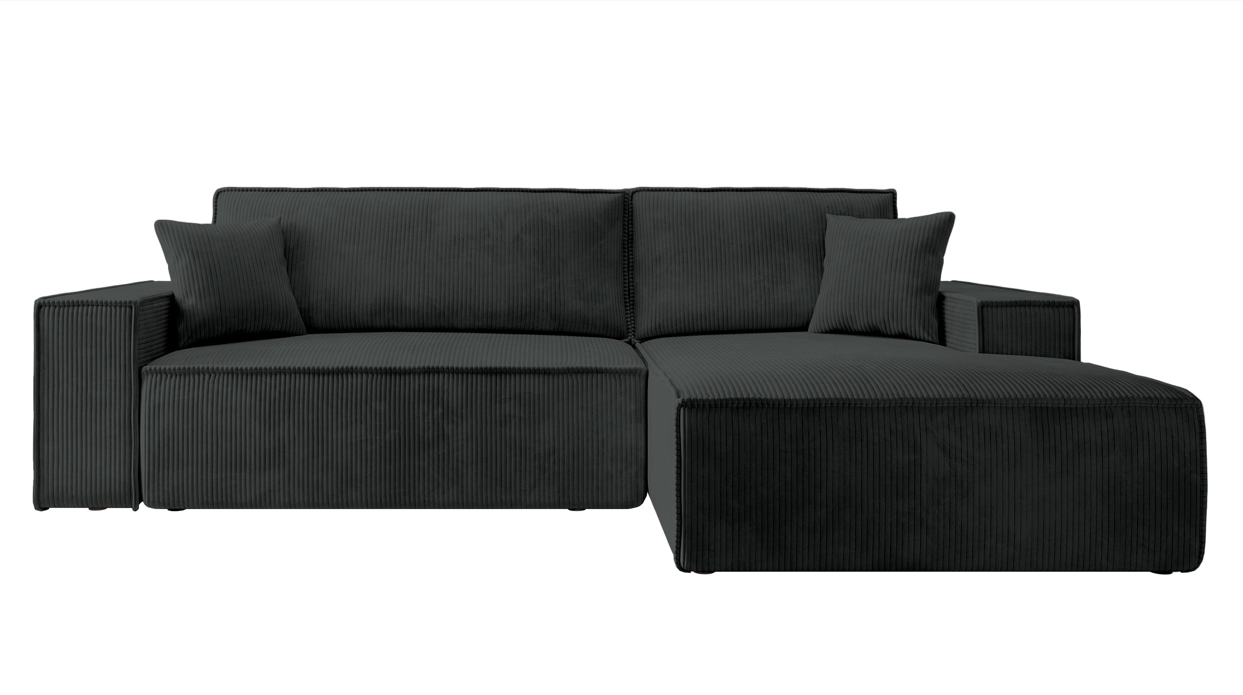 Ecksofa mit Schlaffunktion Farese New, L-förmig, mit Stauraum, schwarzer Cord, rechtsseitig