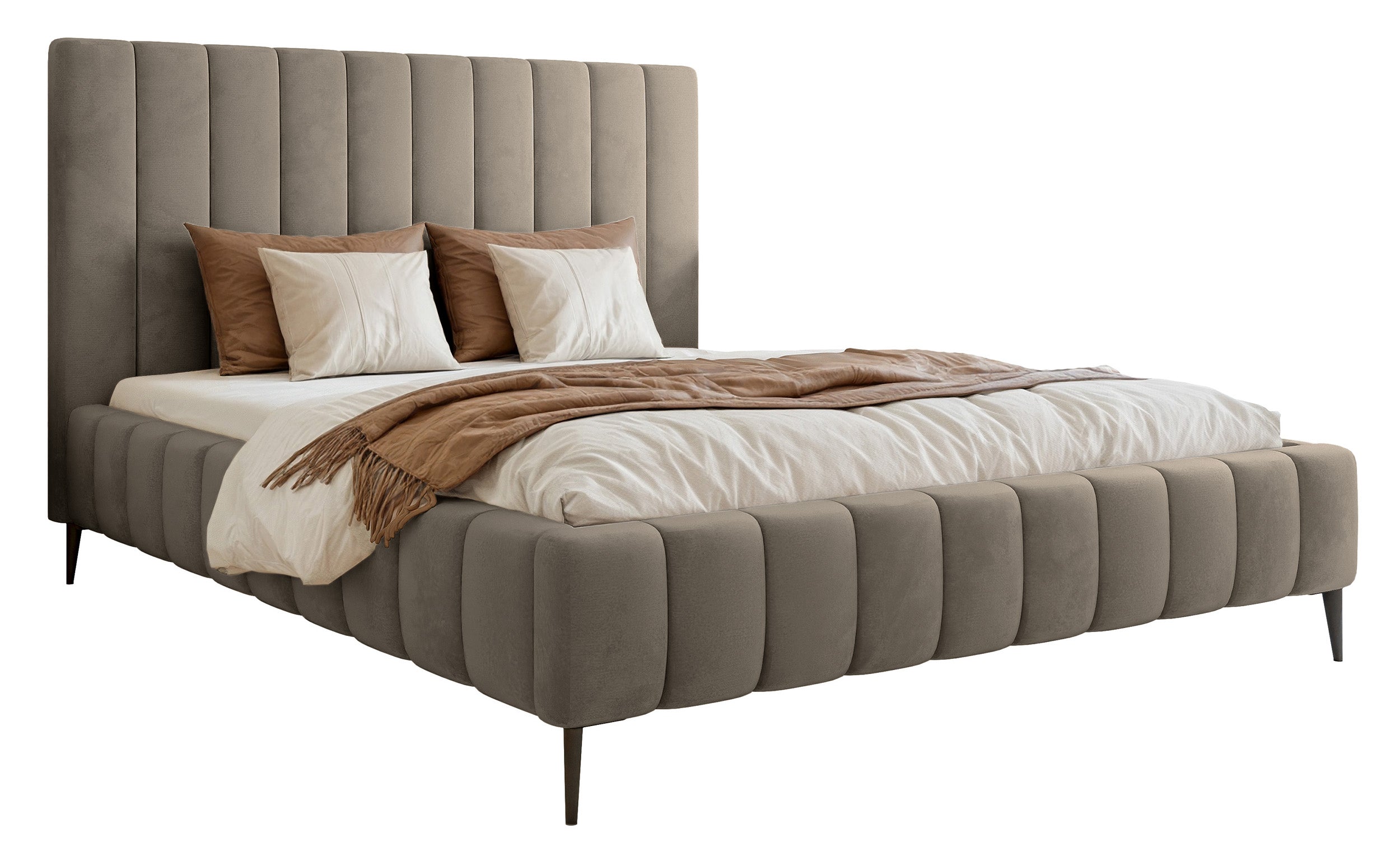 Gepolstertes Bett 160x200 cm Fiarro mit Bettkasten, grau-beiges Samt, Metallrahmen auf hohen Beinen