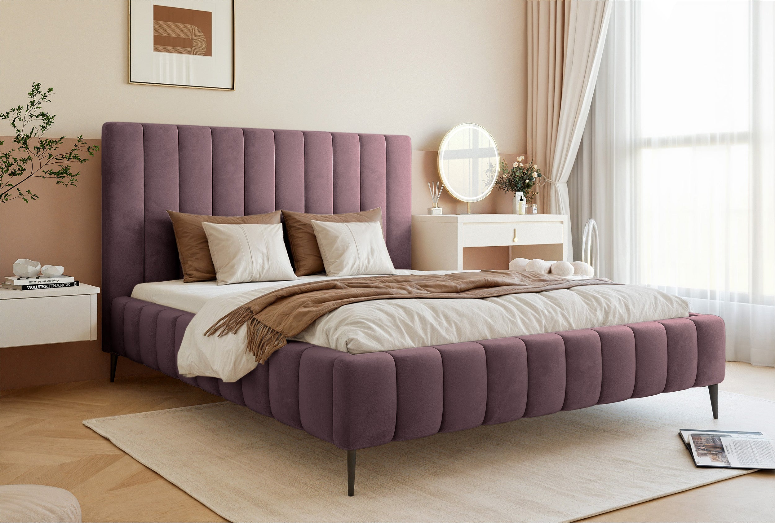 Polsterbett 160x200 cm Fiarro mit Bettkasten, violetter Samt, Metallrahmen auf hohen Beinen