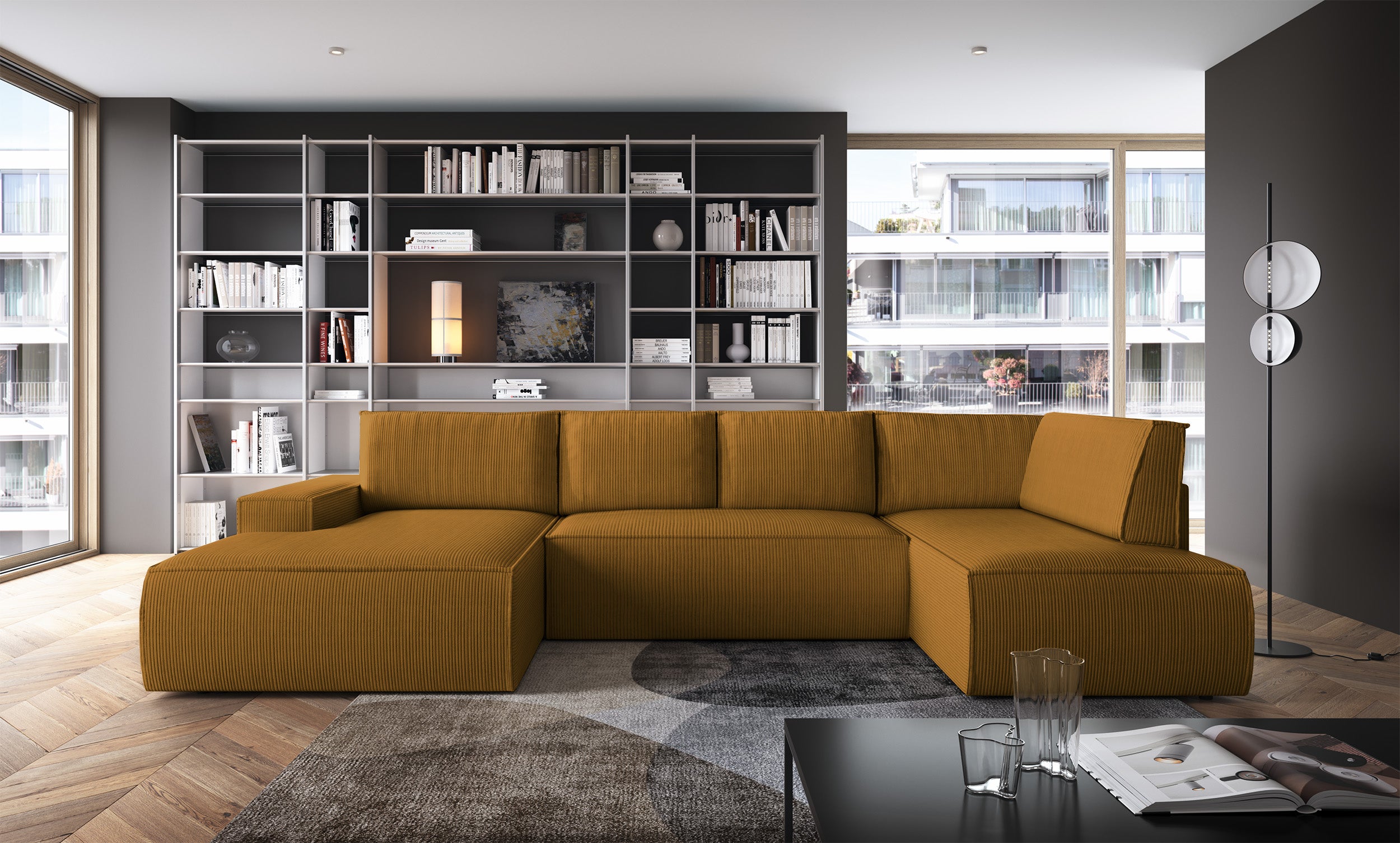 Ecksofa mit Schlaffunktion Farese New U-förmig mit Stauraum, linksseitig, senfgelb Cordstoff