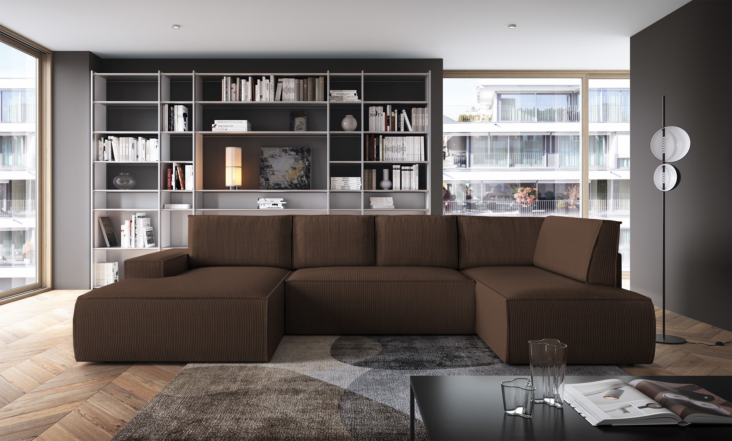 Ecksofa mit Schlaffunktion Farese New U-förmig mit Stauraum, linksseitig, brauner Cordstoff