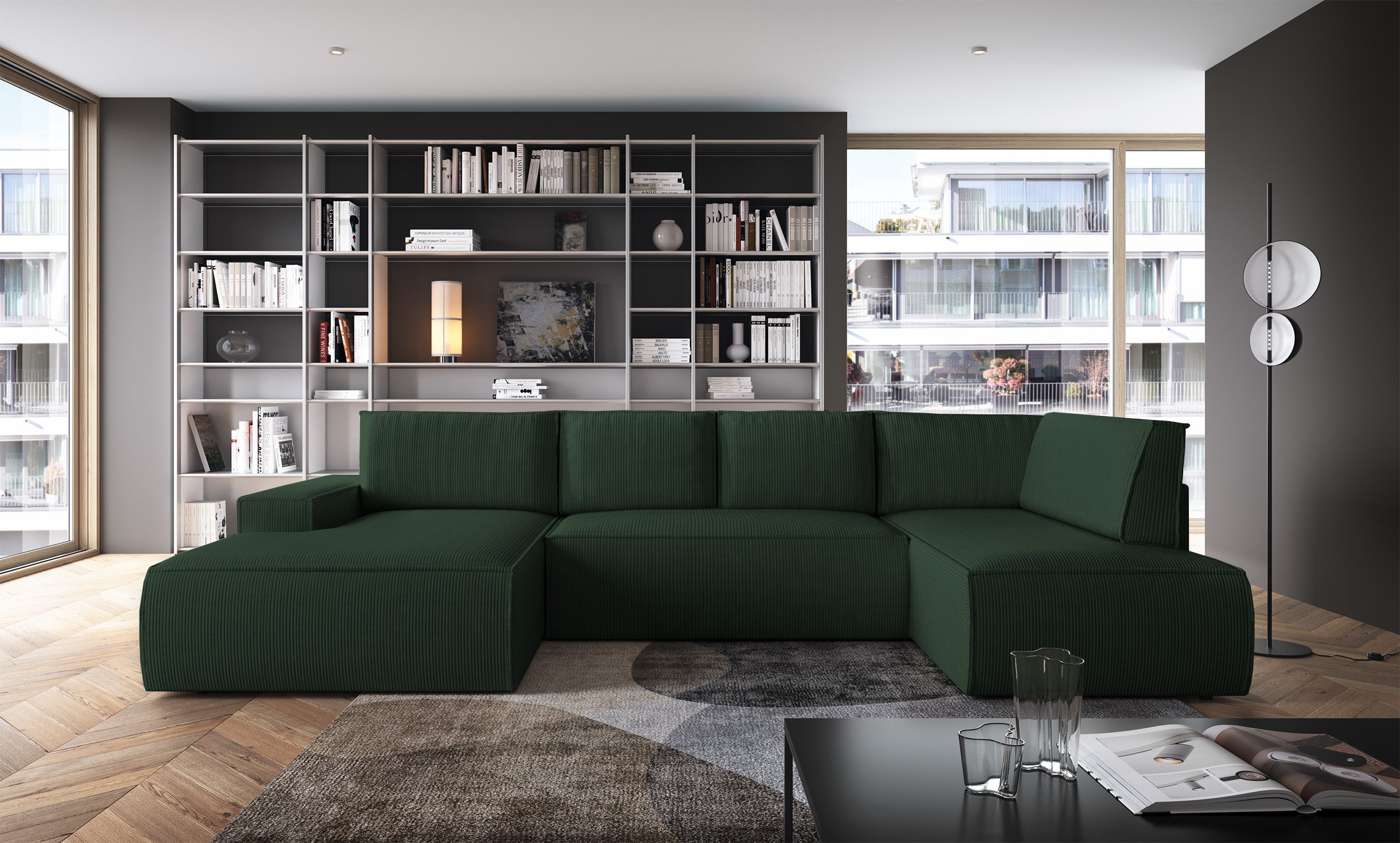 Ecksofa mit Schlaffunktion Farese New U-förmig mit Stauraum, linksseitig, grün, Cordstoff