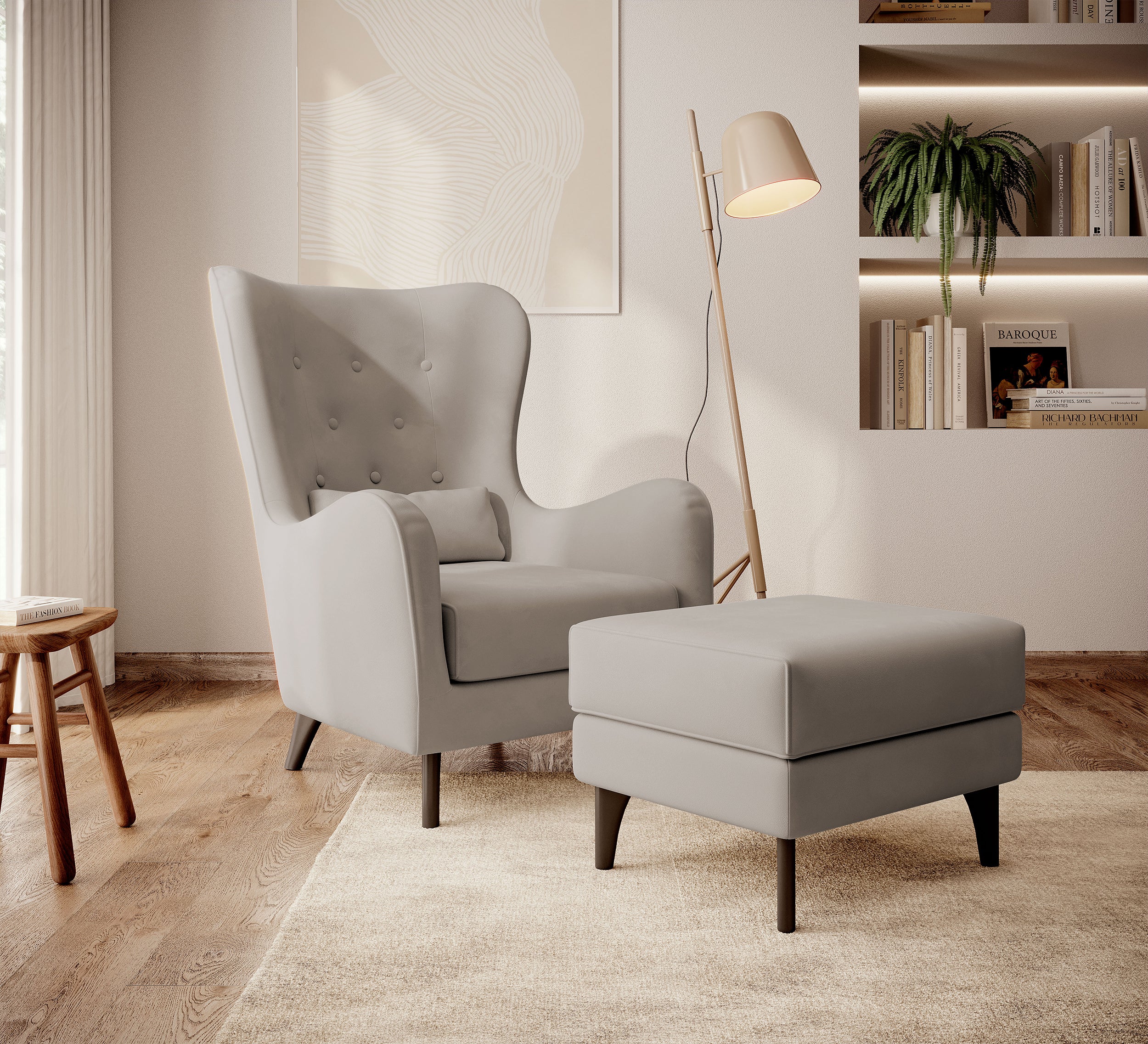 Calmino Hocker in hellem Beige aus hydrophobem Samtstoff, Beine in Wenge