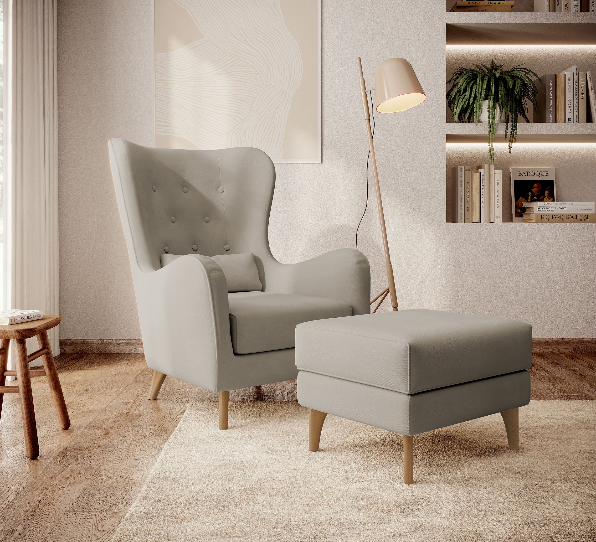 Relaxsessel Ohrenbackensessel Calmino in grau-beige aus hydrophobem Samtstoff mit Buchenholzfüßen