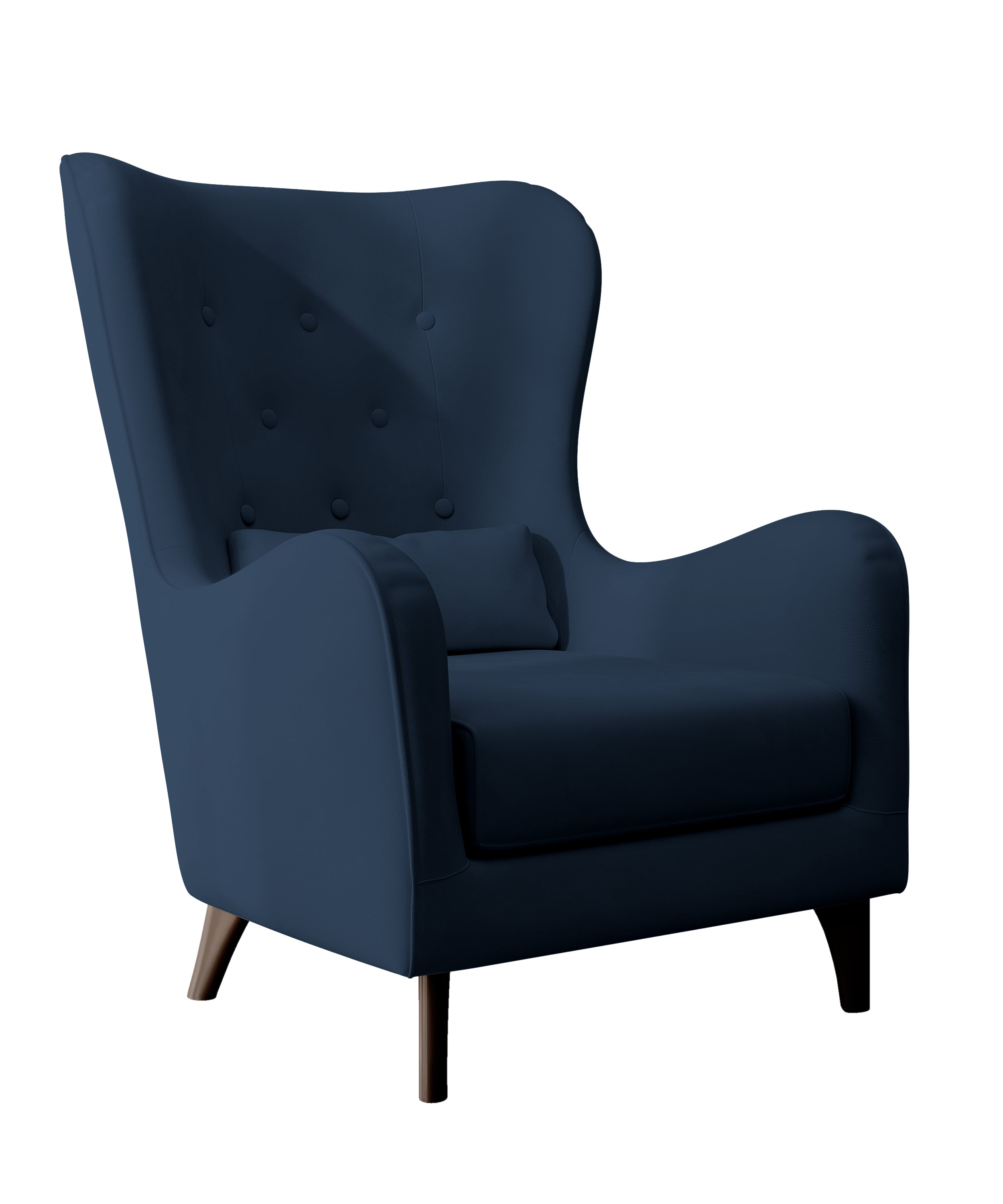 Relaxsessel Ohrenbackensessel Calmino in marineblau aus wasserabweisendem Samtstoff, Beine in Wenge-Farbe