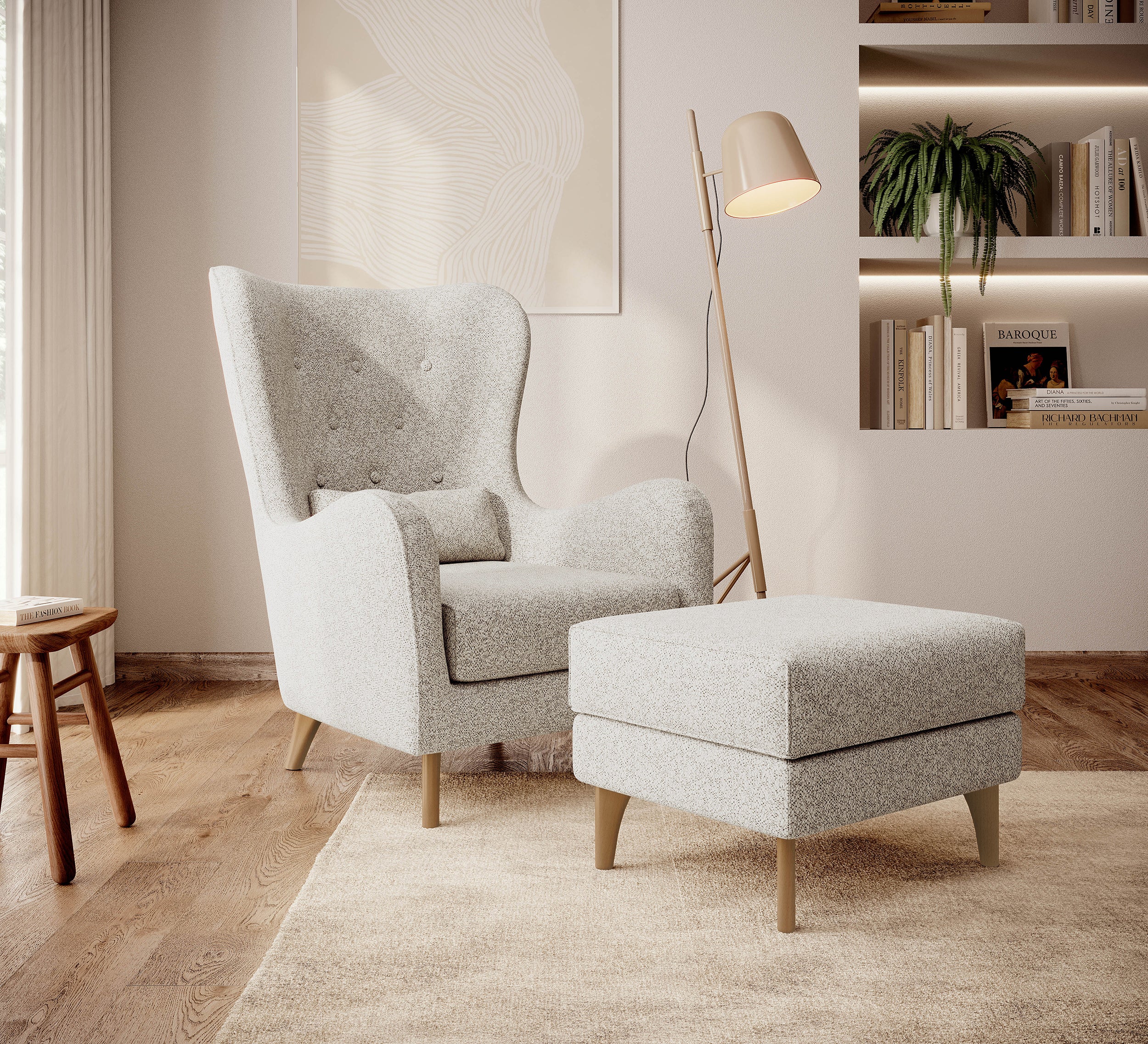 Relaxsessel Calmino Ohrensessel cremefarben Bouclé mit Buchenholzbeinen
