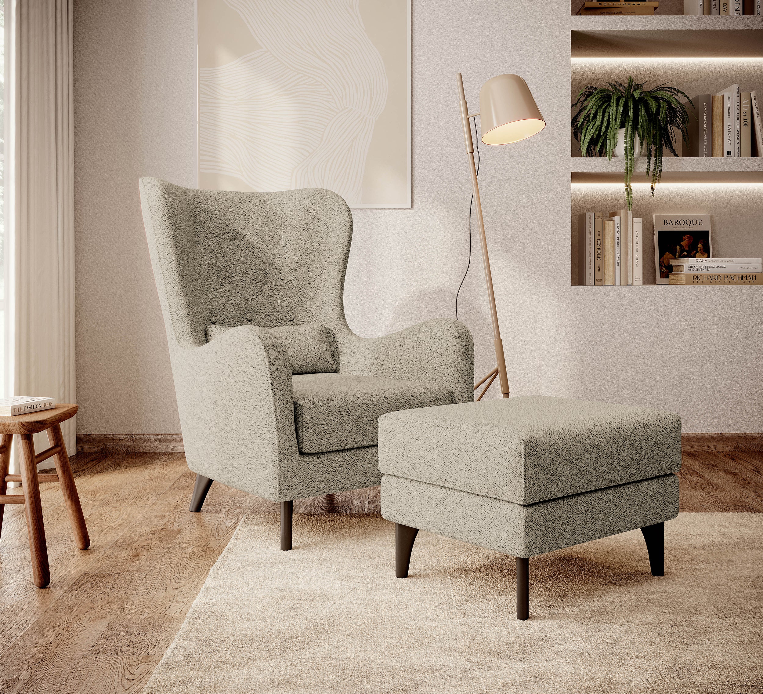 Beiger Relaxsessel Calmino mit Bouclé-Bezug, Wenge-Füße