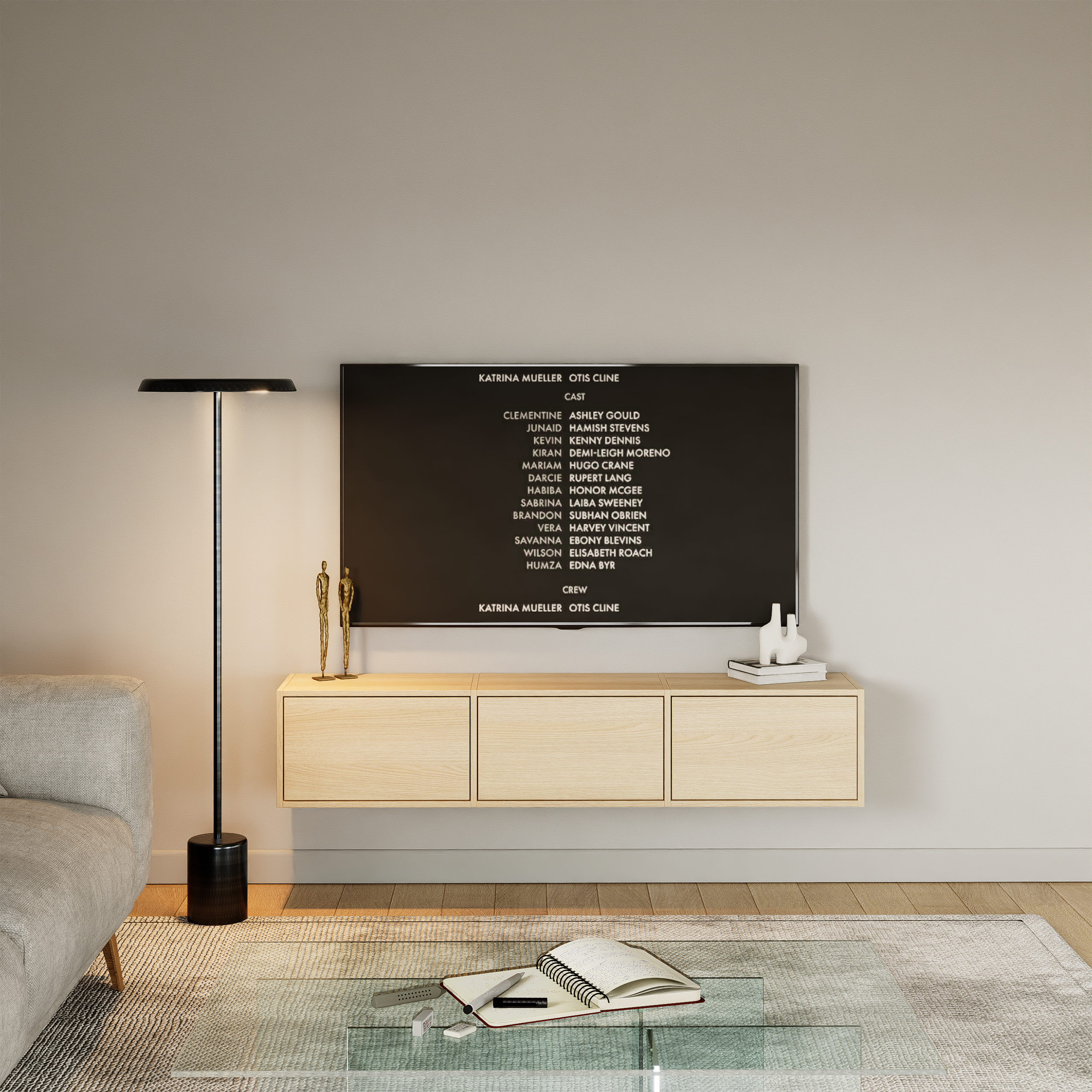 Hängender TV-Schrank Framme mit drei Klappen, 150 cm, Lindberg-Eiche