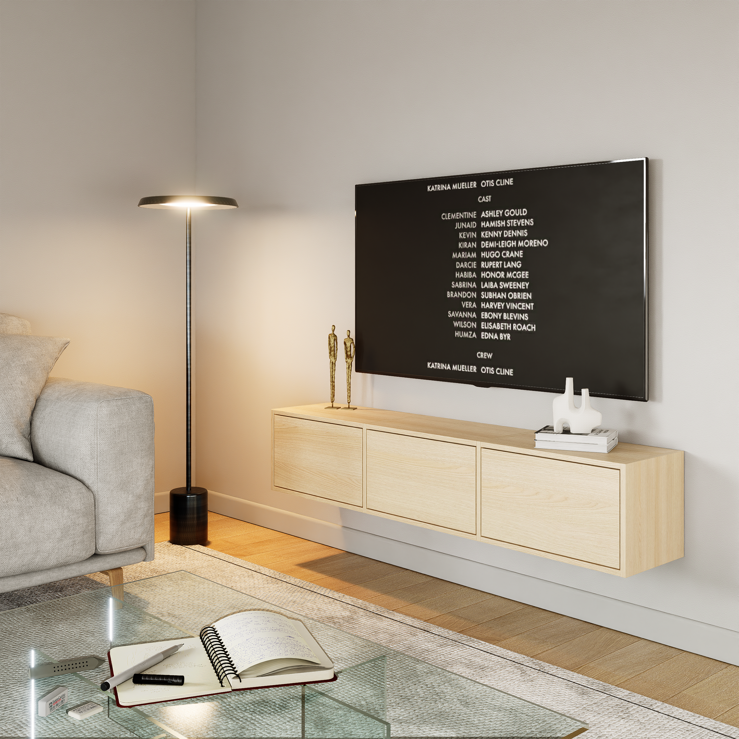 Hängender TV-Schrank Framme mit drei Klappen, 150 cm, Lindberg-Eiche