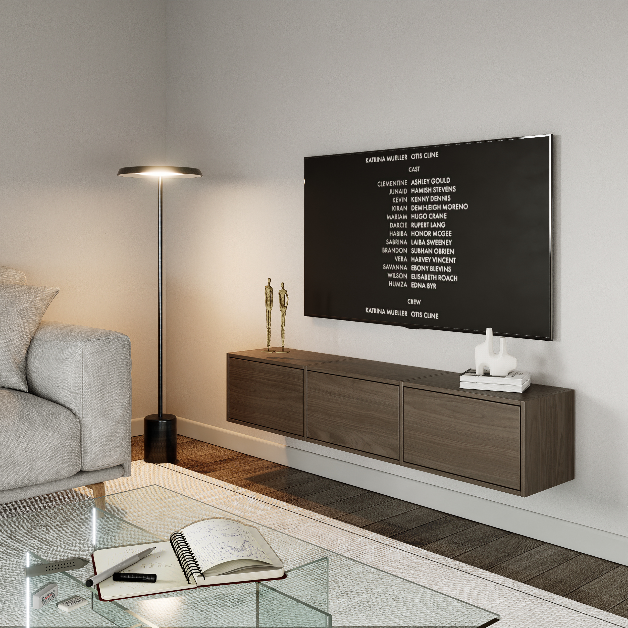 Hängender TV-Schrank Framme mit drei Klappen, 150 cm, Wisconsin-Nussbaum