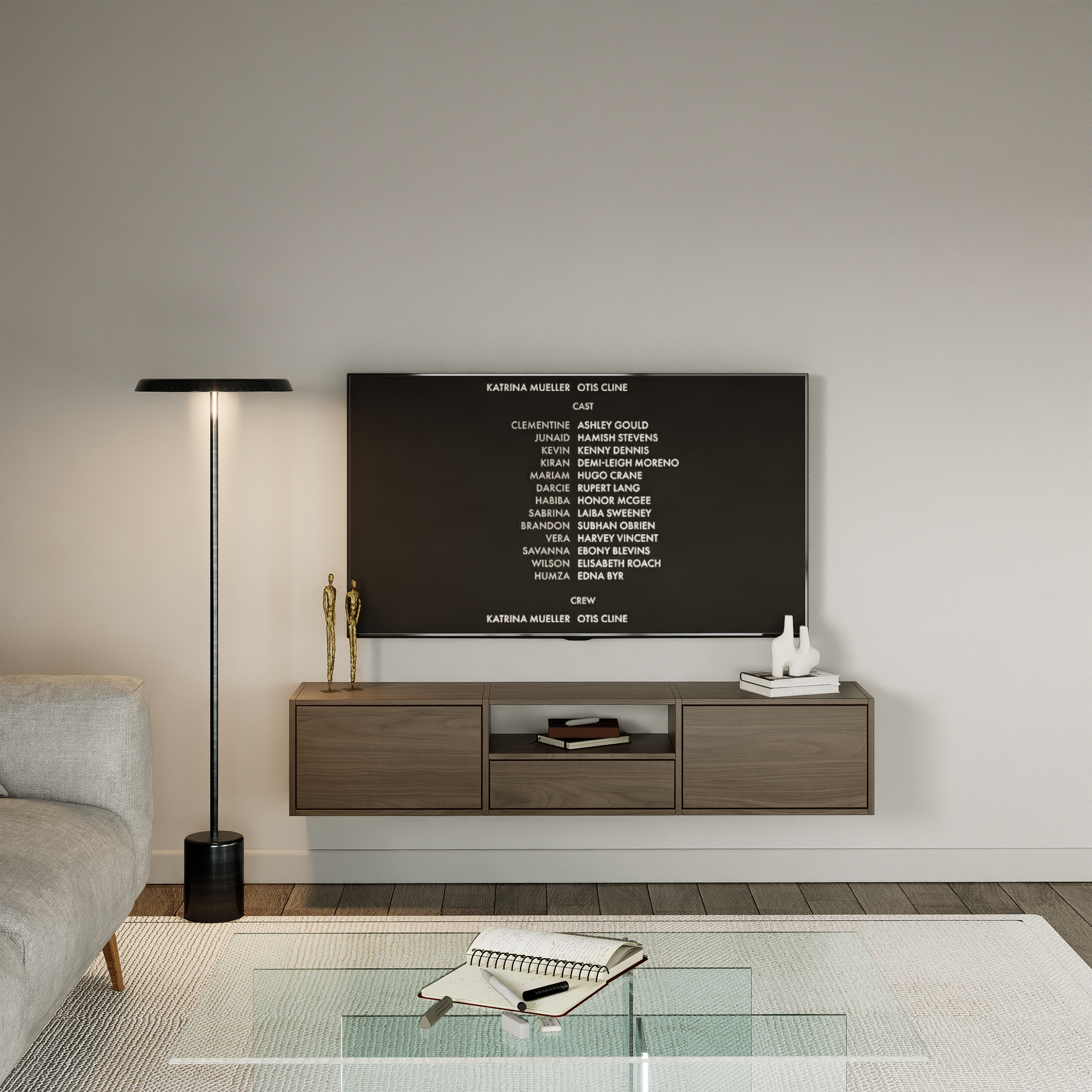 Hängender TV-Schrank Framme mit drei Klappen und einer Nische, 150 cm, Walnuss Wisconsin