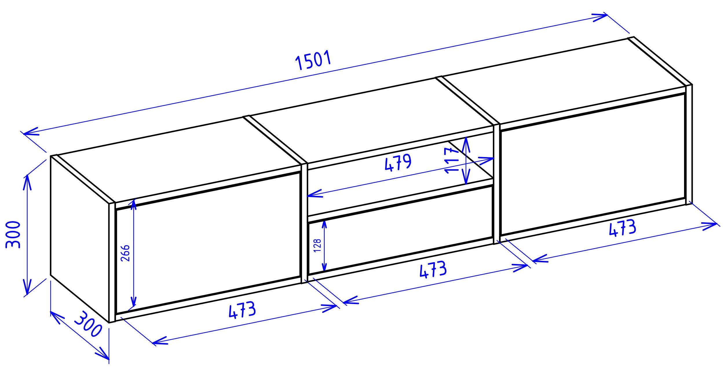 Hängender TV-Schrank Framme mit drei Klappen und Fach, 150 cm, weiß