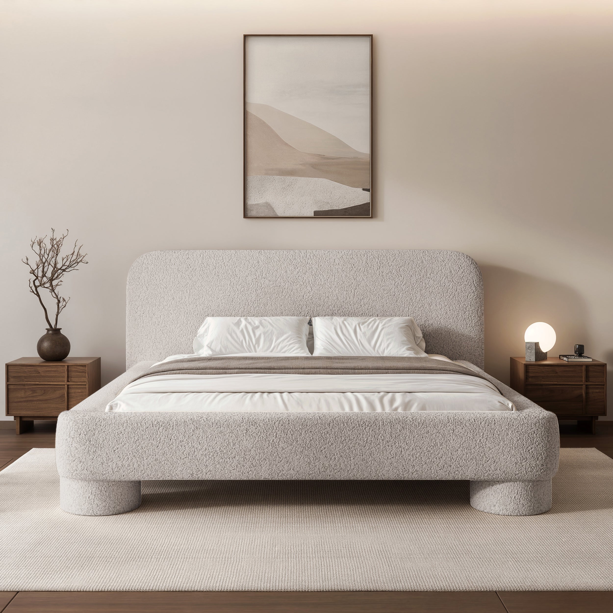 Gepolstertes Bett 160x200 cm Fredo mit Stauraum, hellgrauer Bouclé-Stoff