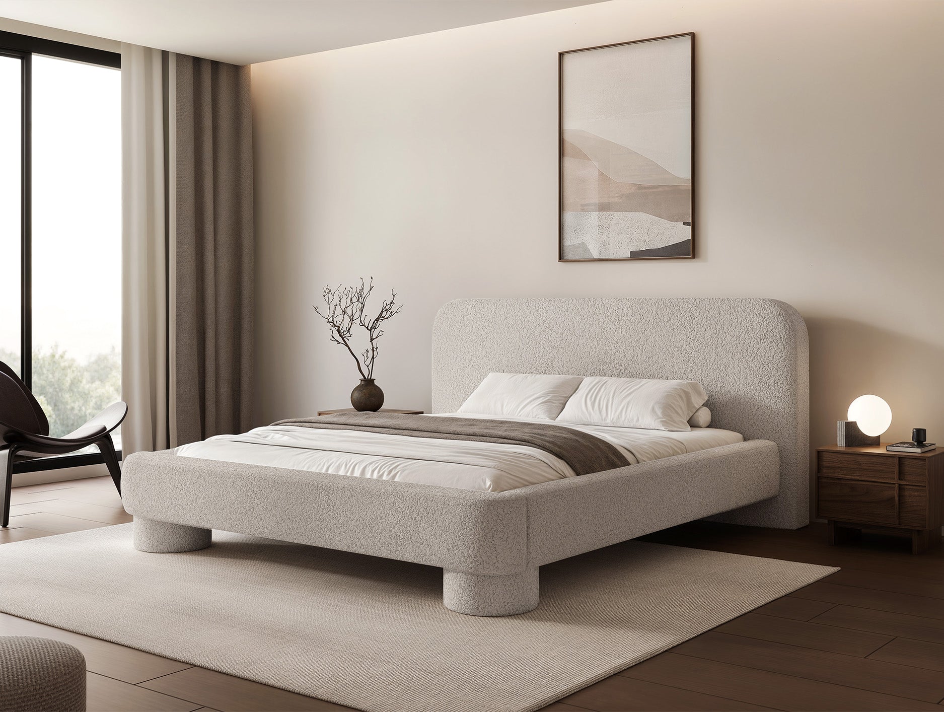 Gepolstertes Bett 160x200 cm Fredo mit Stauraum, hellgrauer Bouclé-Stoff