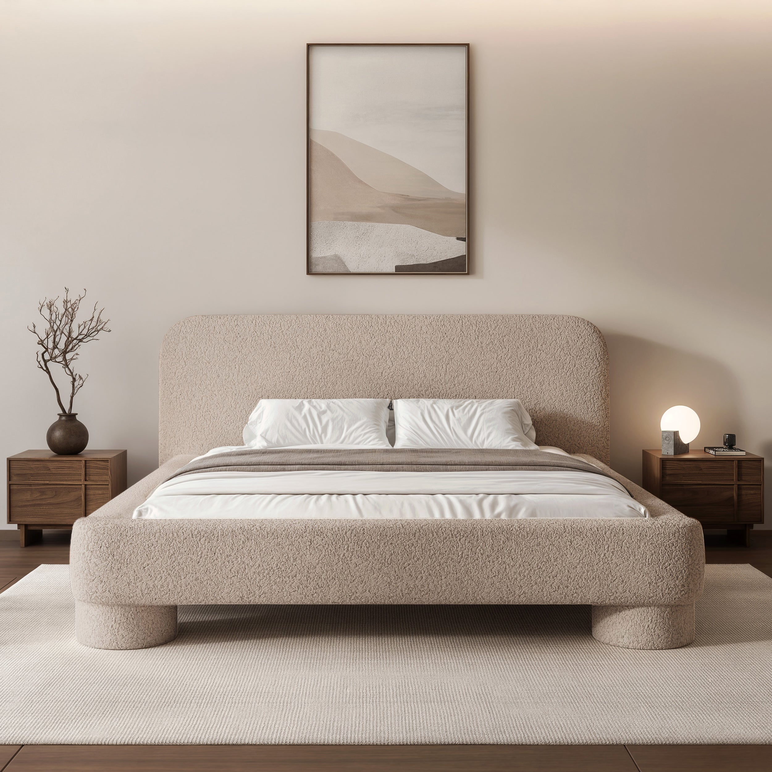 Gepolstertes Bett 160x200 cm Fredo mit Stauraum, beiges Bouclé
