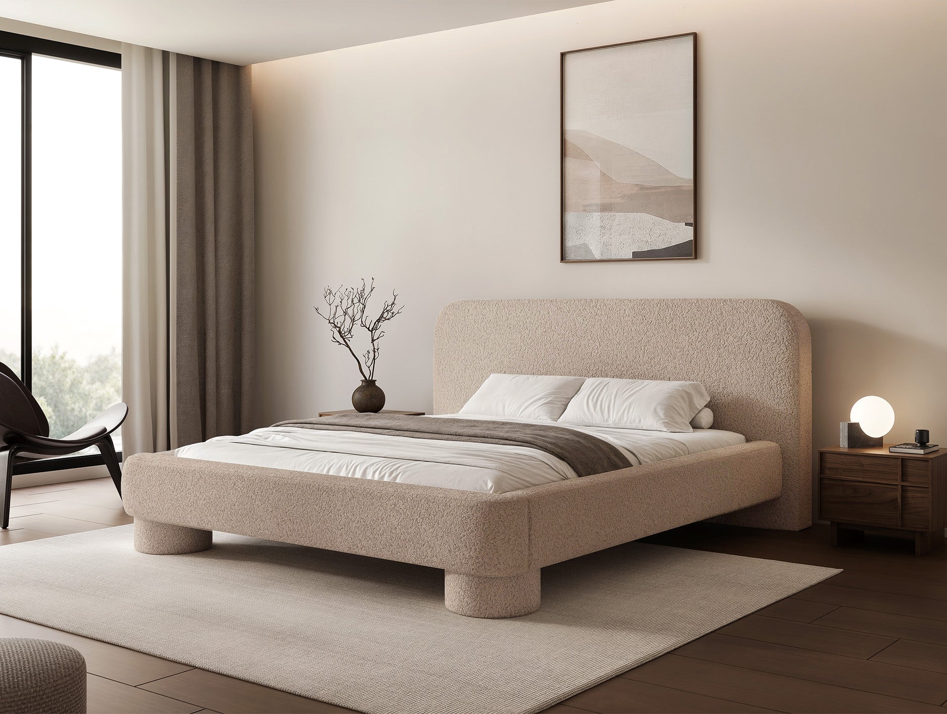 Gepolstertes Bett 160x200 cm Fredo mit Stauraum, beiges Bouclé