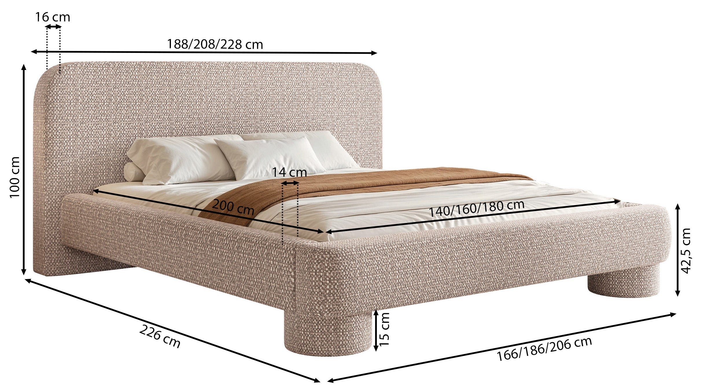 Gepolstertes Bett 160x200 cm Fredo mit Stauraum, beiges Bouclé