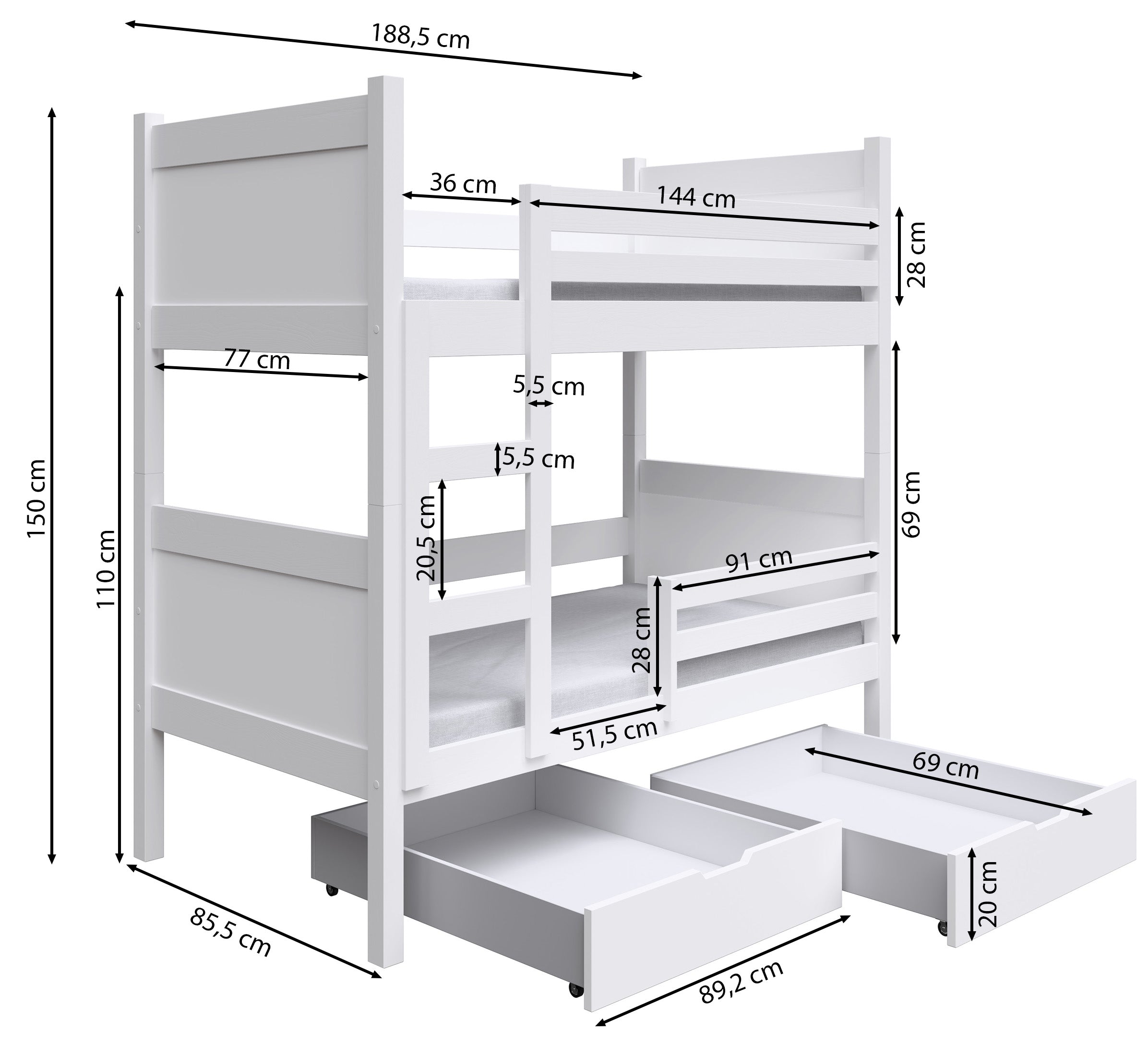 Etagenbett 80x180 Frello mit Schubladen, weiß