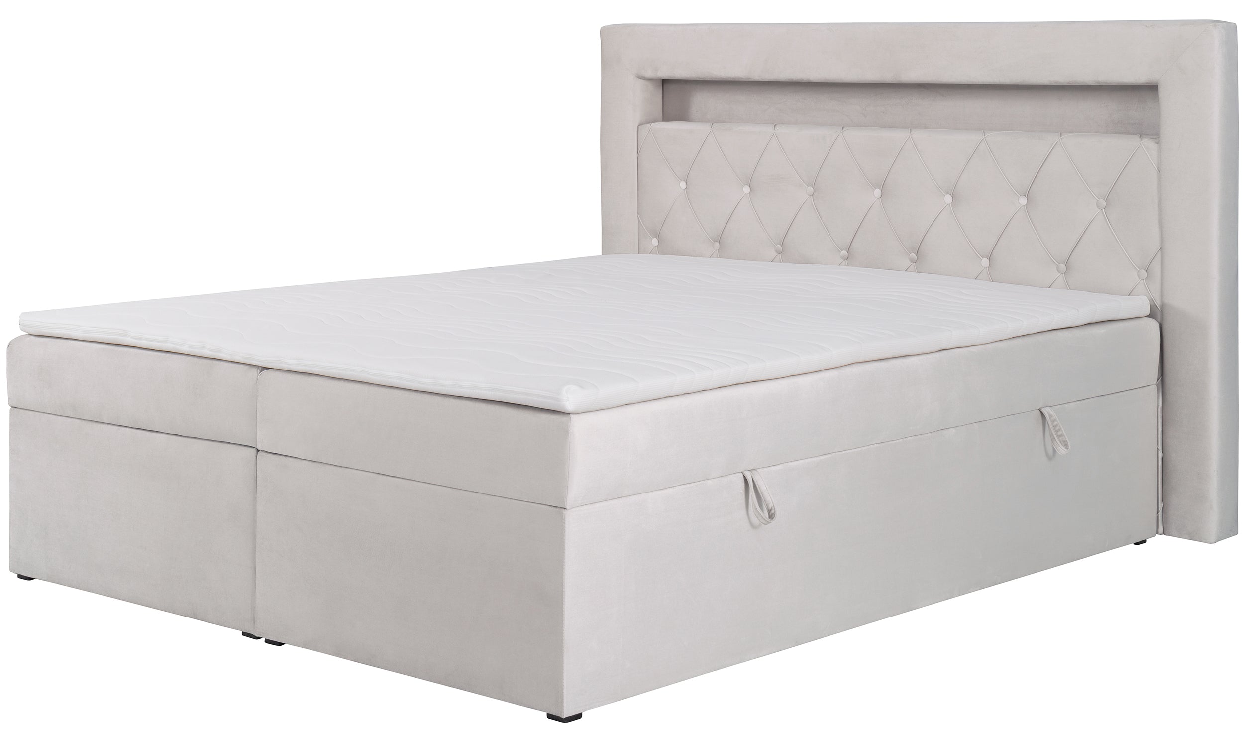 Kontinentalbett 140x200 cm Goldess mit Stauraum und LED-Beleuchtung, grau-beiges Samt