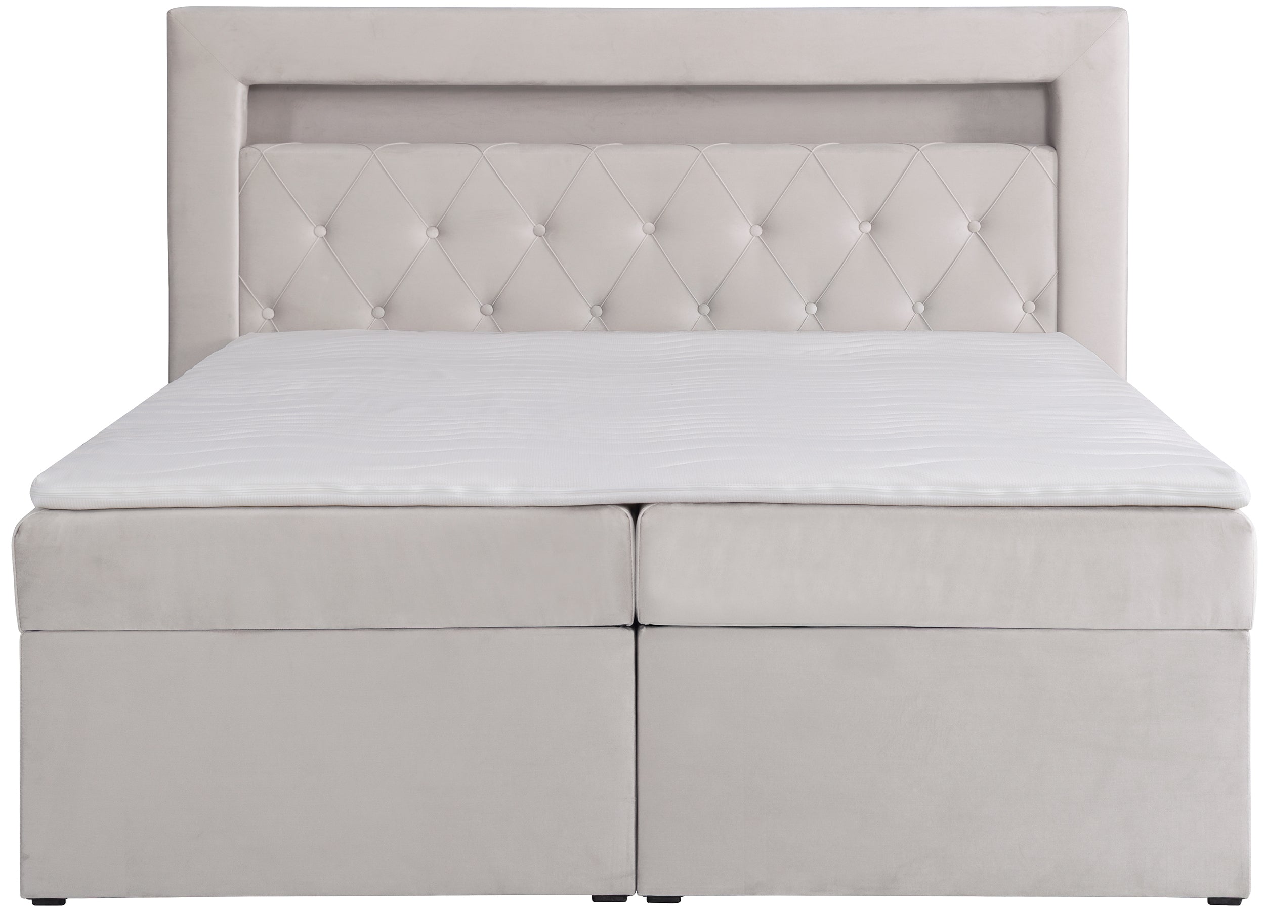 Kontinentalbett 140x200 cm Goldess mit Stauraum und LED-Beleuchtung, grau-beiges Samt