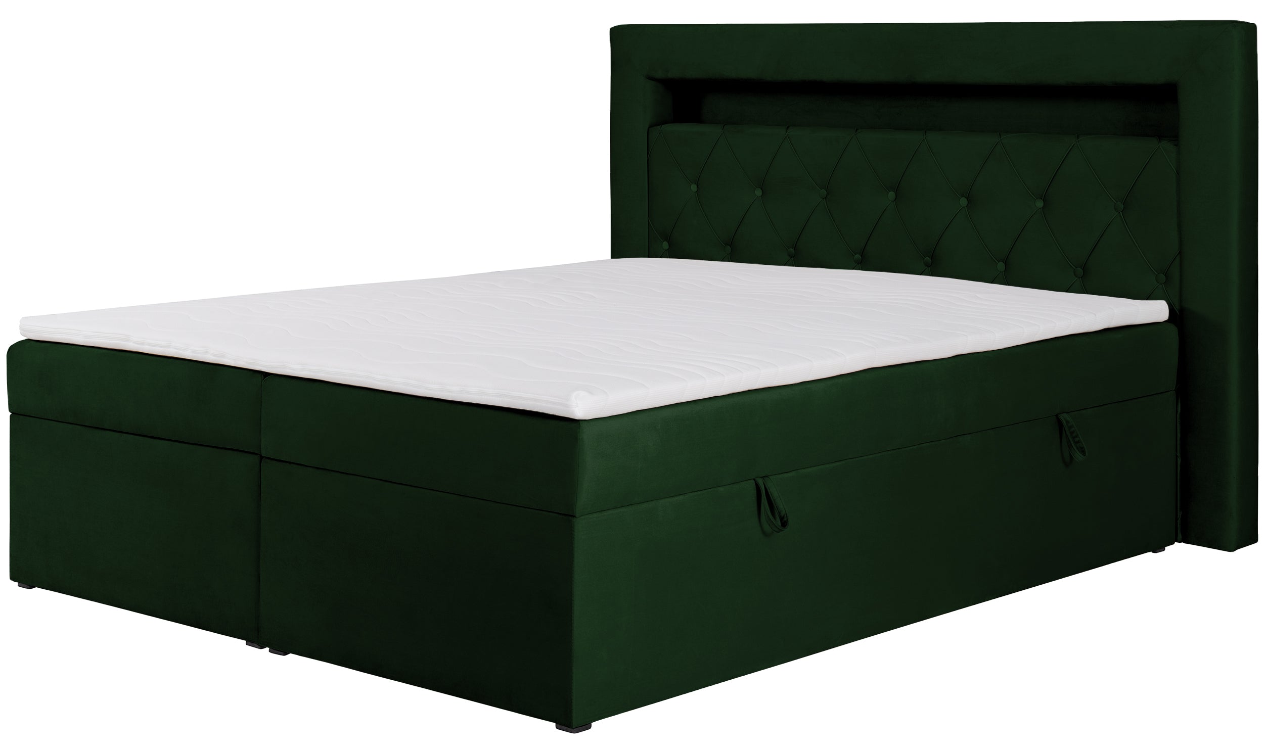 Kontinentales Bett 180x200 cm Goldess mit Stauraum und LED-Beleuchtung, samtiges Flaschengrün