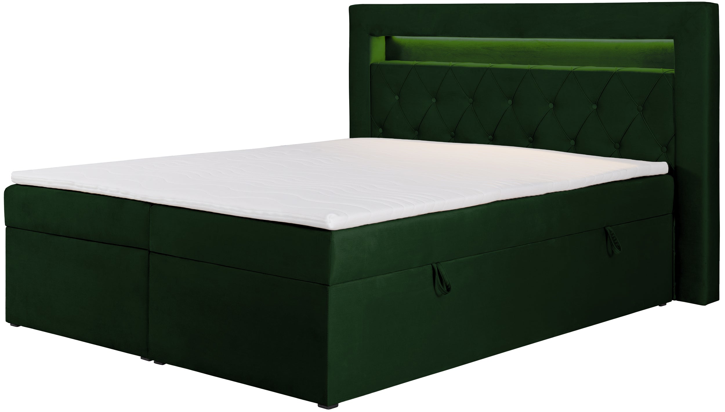 Kontinentales Bett 180x200 cm Goldess mit Stauraum und LED-Beleuchtung, samtiges Flaschengrün