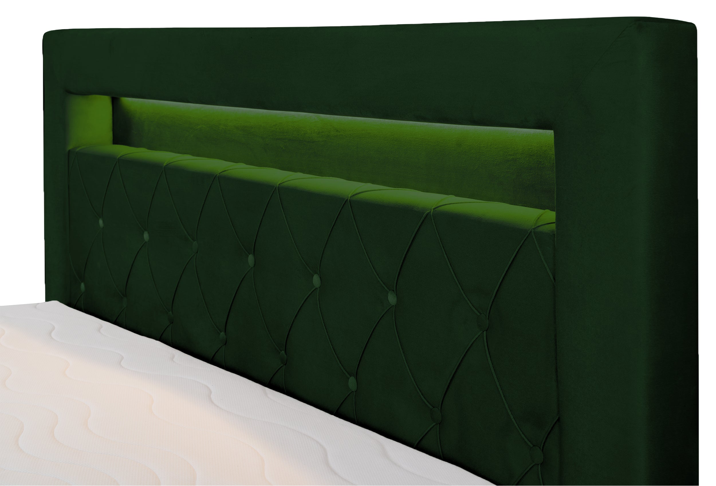 Kontinentales Bett 180x200 cm Goldess mit Stauraum und LED-Beleuchtung, samtiges Flaschengrün