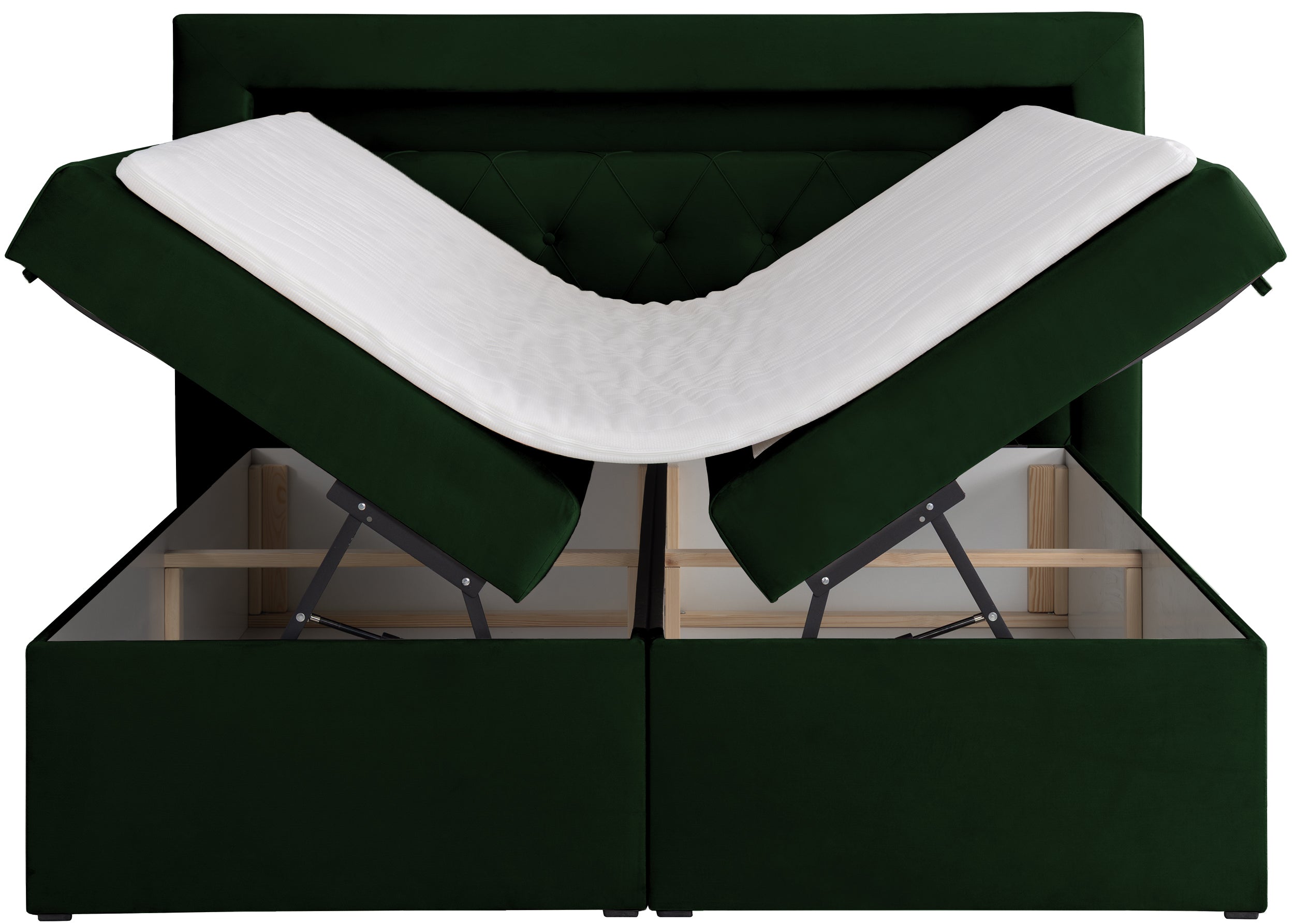 Kontinentales Bett 180x200 cm Goldess mit Stauraum und LED-Beleuchtung, samtiges Flaschengrün