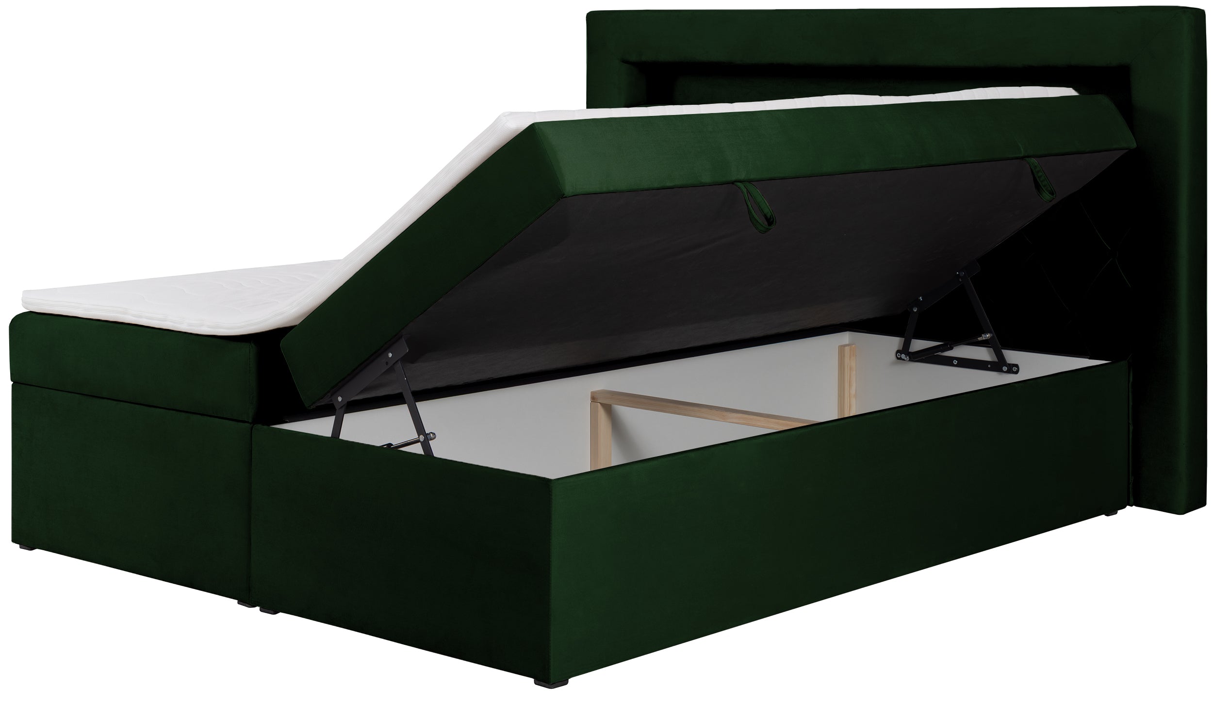 Kontinentales Bett 180x200 cm Goldess mit Stauraum und LED-Beleuchtung, samtiges Flaschengrün