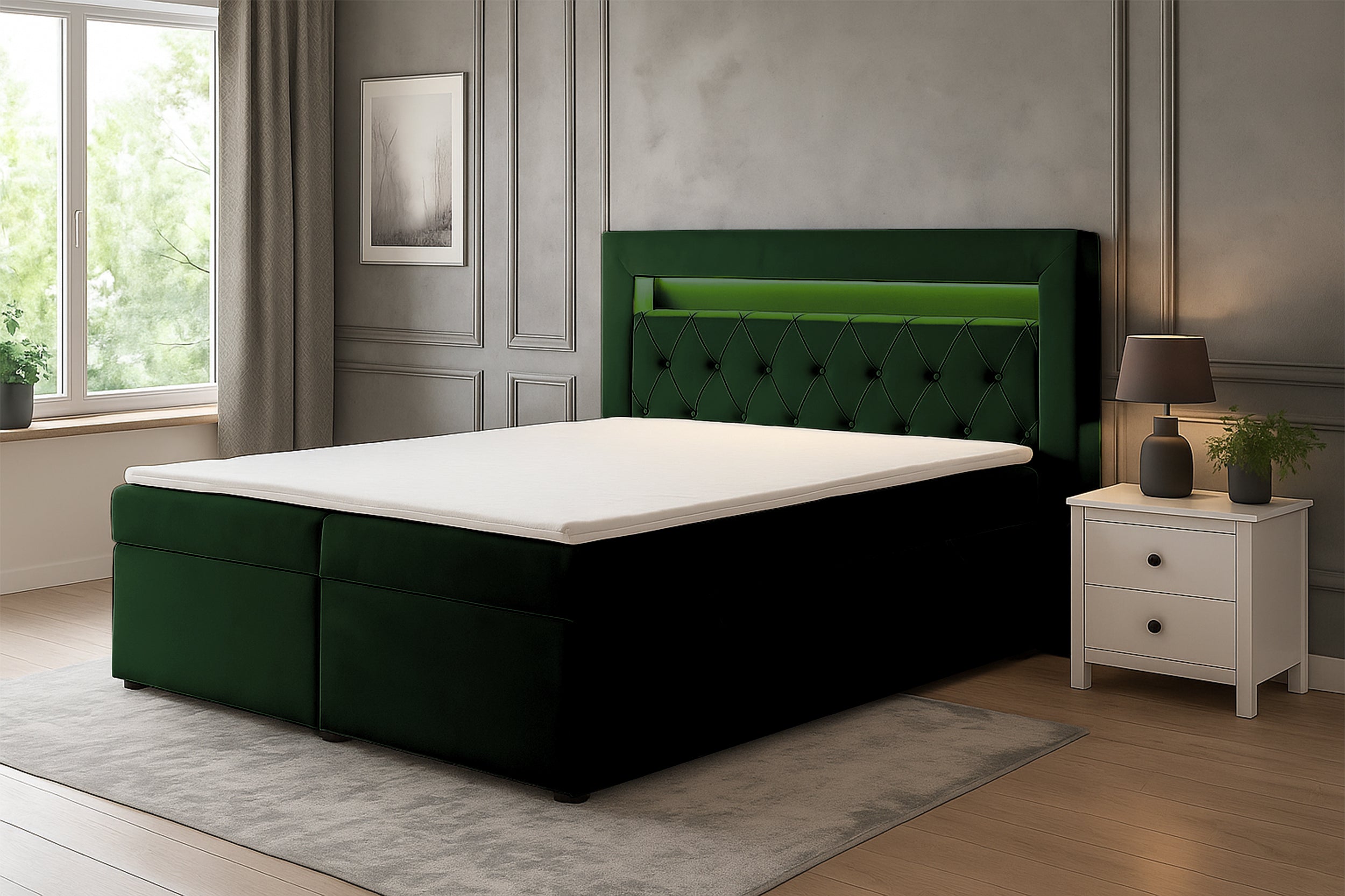 Kontinentales Bett 180x200 cm Goldess mit Stauraum und LED-Beleuchtung, samtiges Flaschengrün