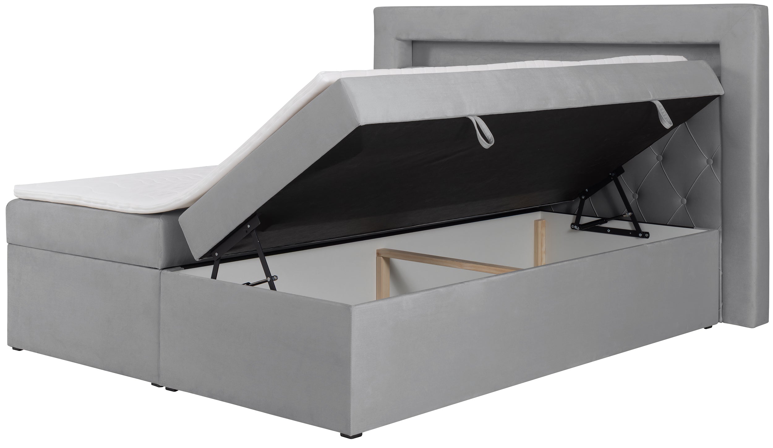 Kontinentalbett 160x200 cm Goldess mit Stauraum und LED-Beleuchtung, grauer Samt