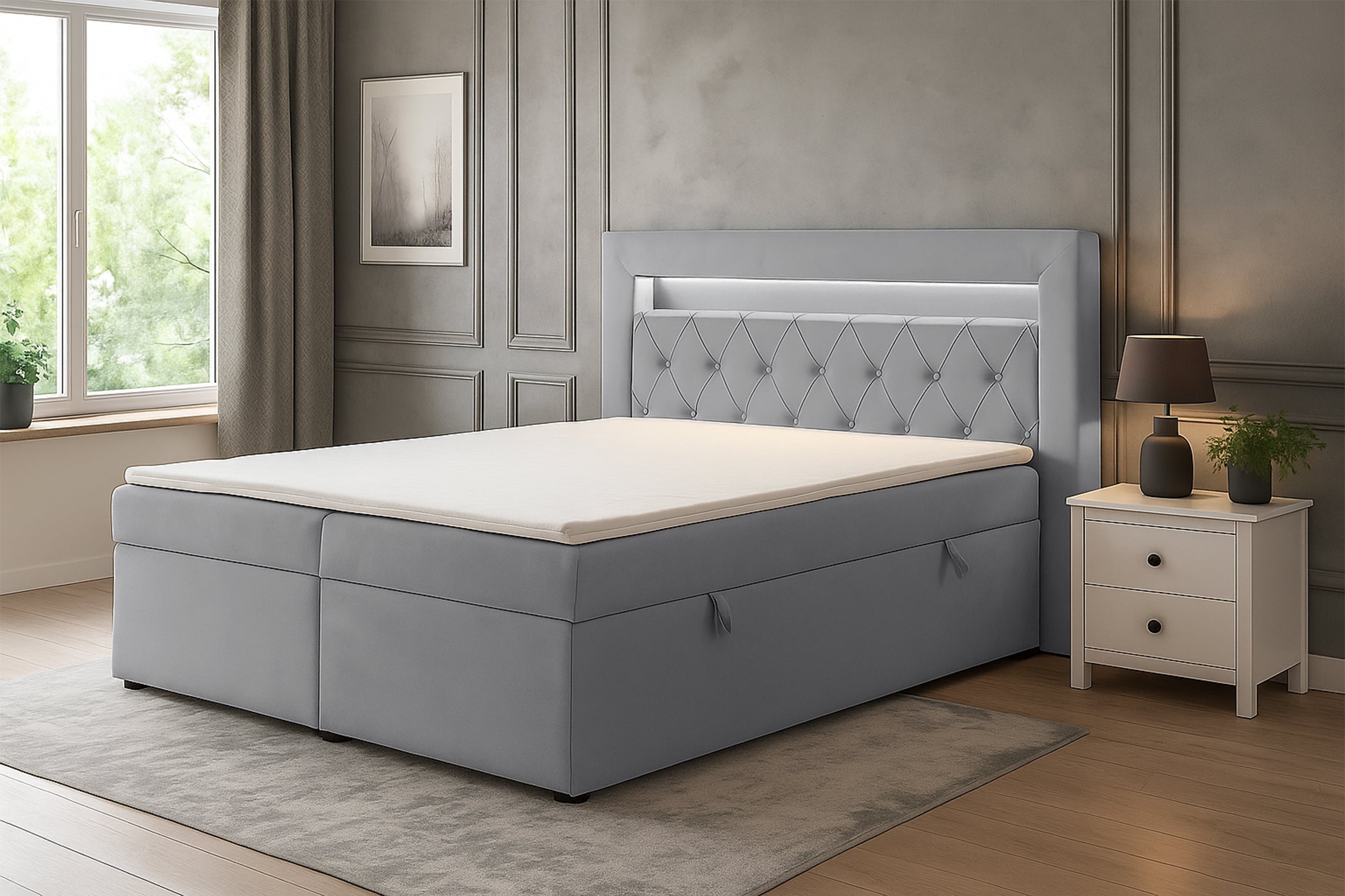 Kontinentalbett 160x200 cm Goldess mit Stauraum und LED-Beleuchtung, grauer Samt