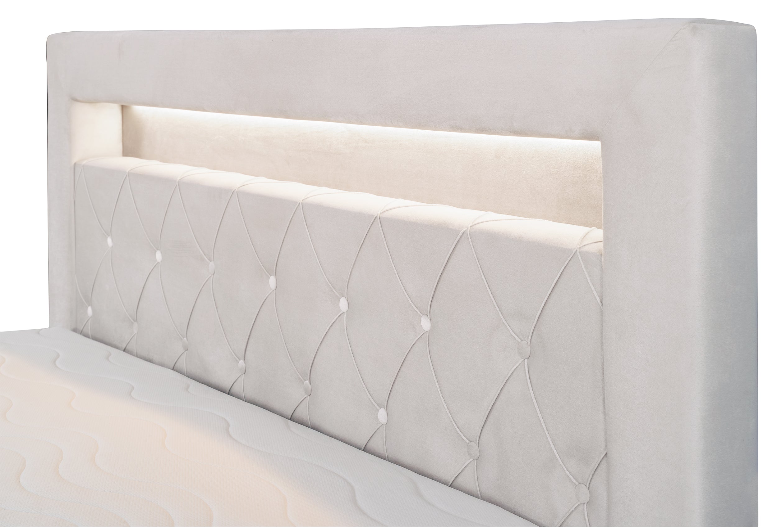 Kontinentalbett 140x200 cm Goldess mit Stauraum und LED-Beleuchtung, grau-beiges Samt
