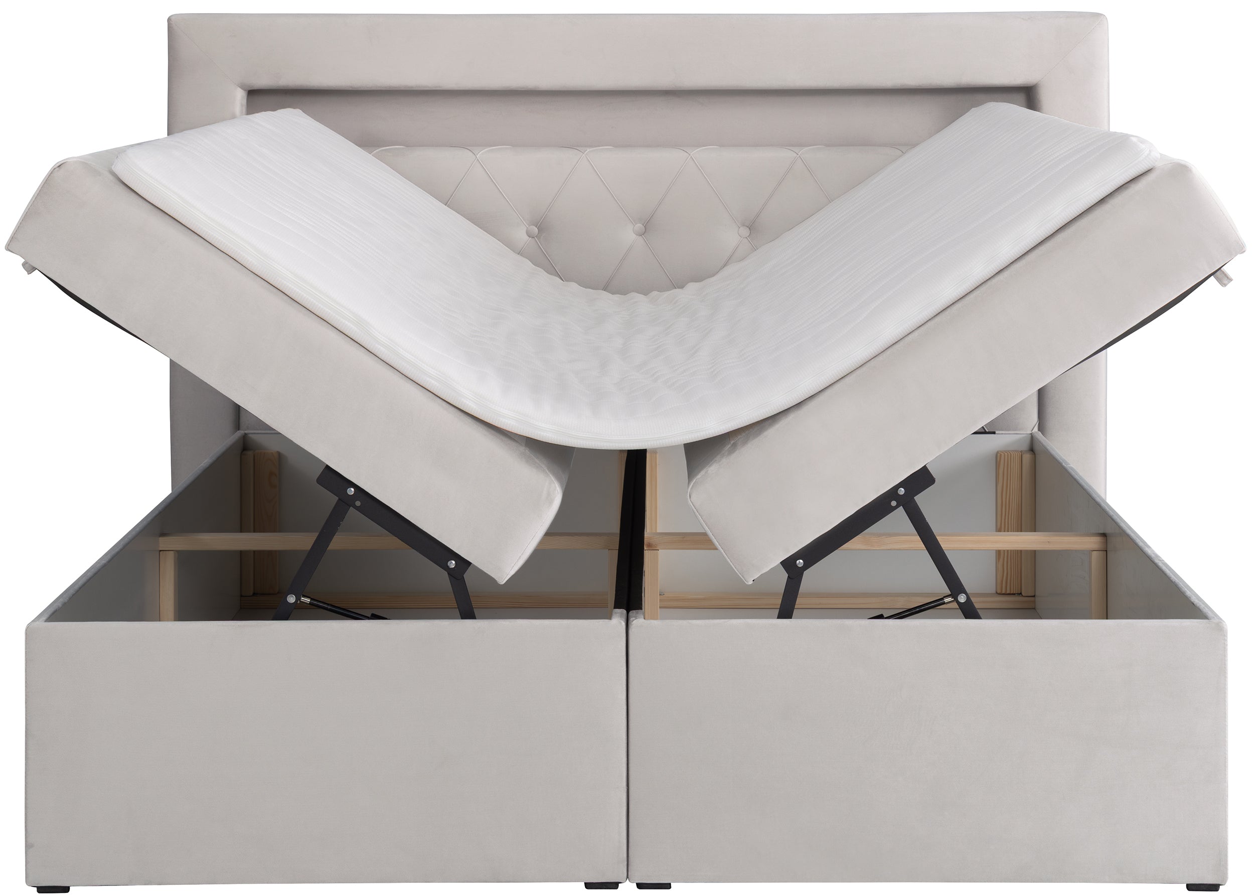 Kontinentalbett 140x200 cm Goldess mit Stauraum und LED-Beleuchtung, grau-beiges Samt