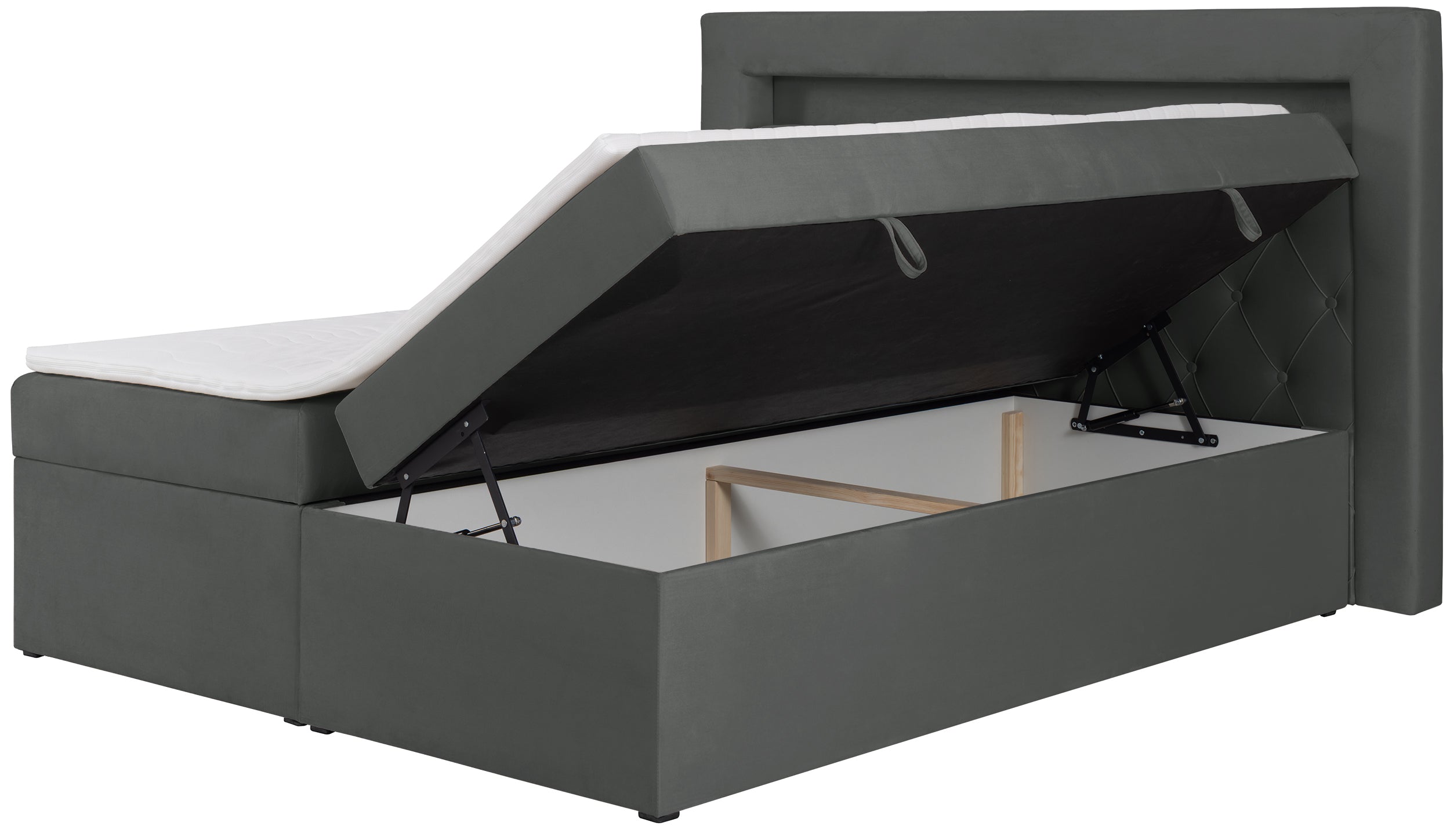 Kontinentalbett 180x200 cm Goldess mit Stauraum und LED-Beleuchtung, dunkelgrauer Samt