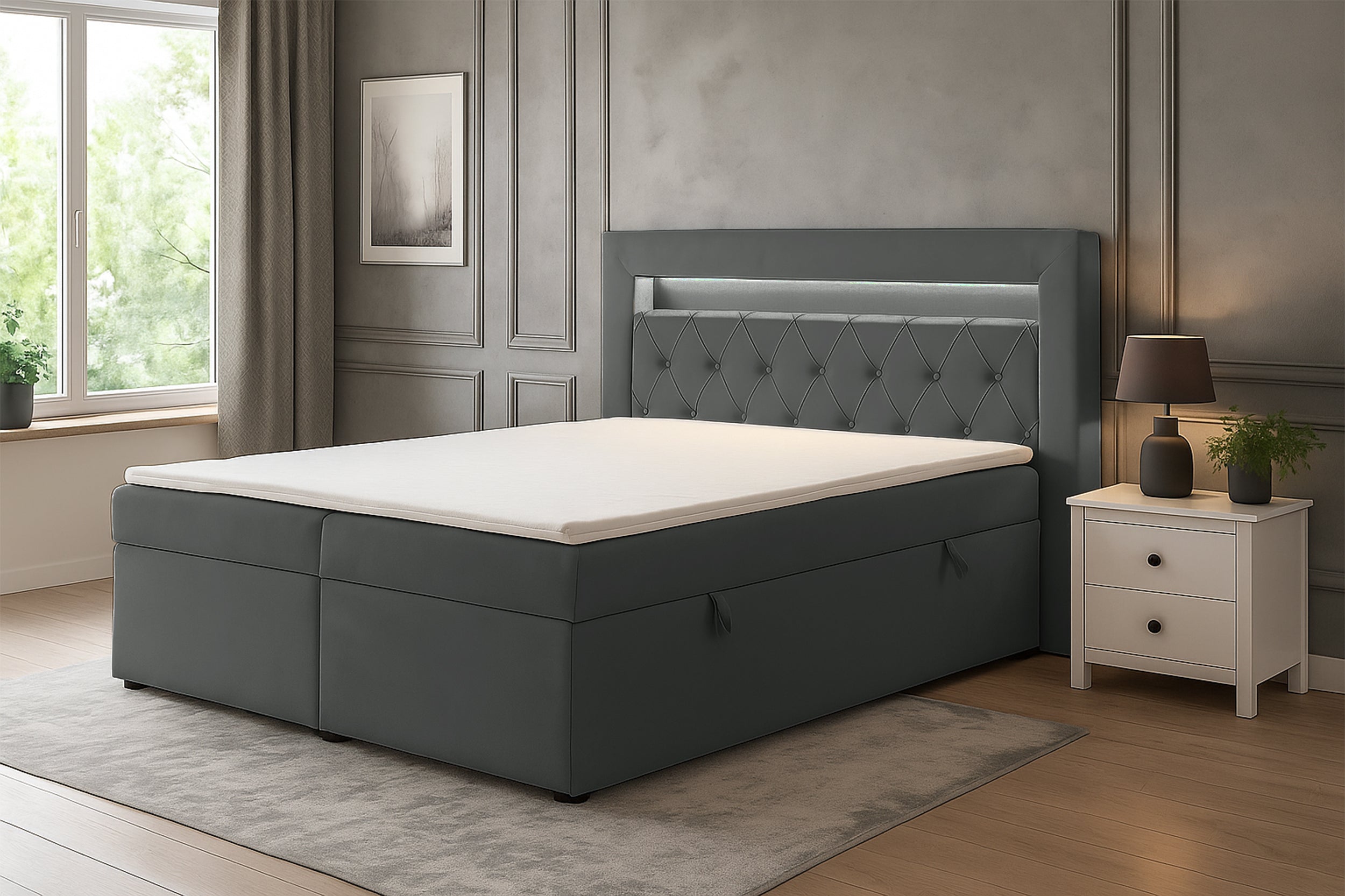 Kontinentalbett 180x200 cm Goldess mit Stauraum und LED-Beleuchtung, dunkelgrauer Samt