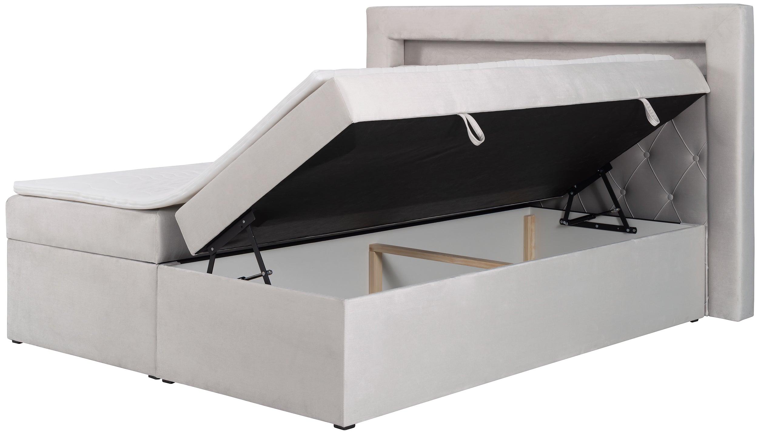 Kontinentalbett 140x200 cm Goldess mit Stauraum und LED-Beleuchtung, grau-beiges Samt