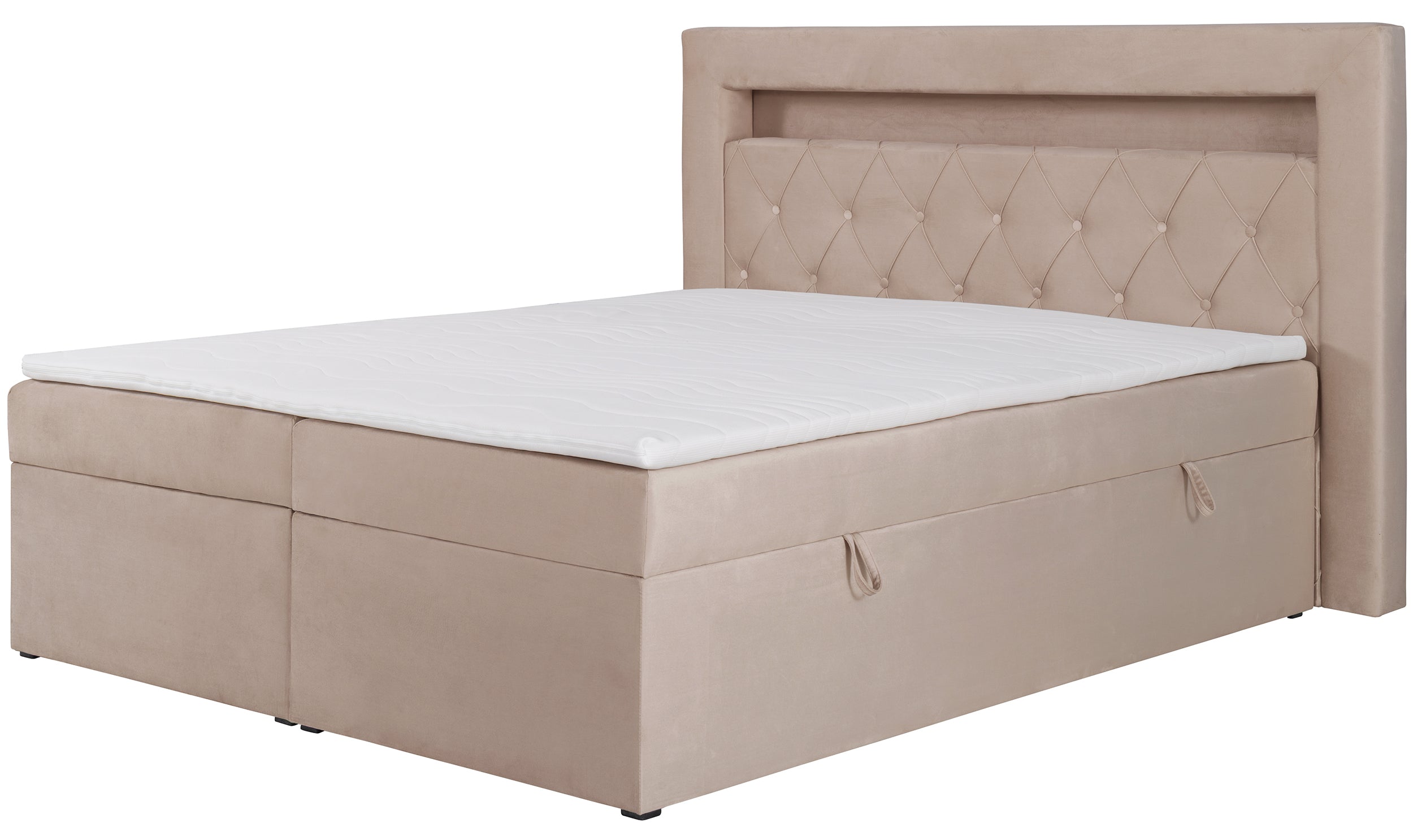 Kontinentales Bett 180x200 cm Goldess mit Stauraum und LED-Beleuchtung, beiger Samt