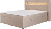 Kontinentales Bett 180x200 cm Goldess mit Stauraum und LED-Beleuchtung, beiger Samt